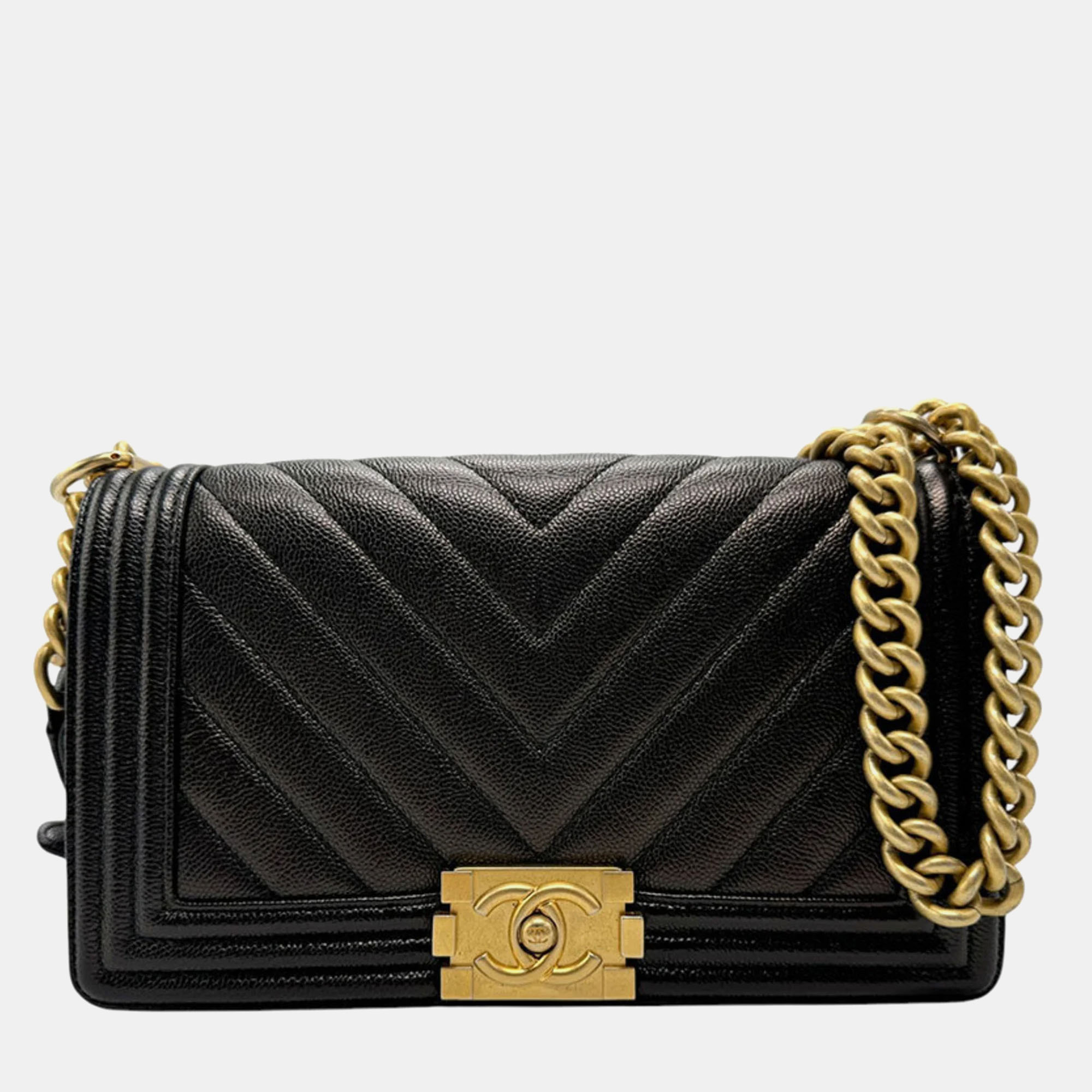 

Chanel Black Gold Caviar Skin Leather Boy Chanel Bag