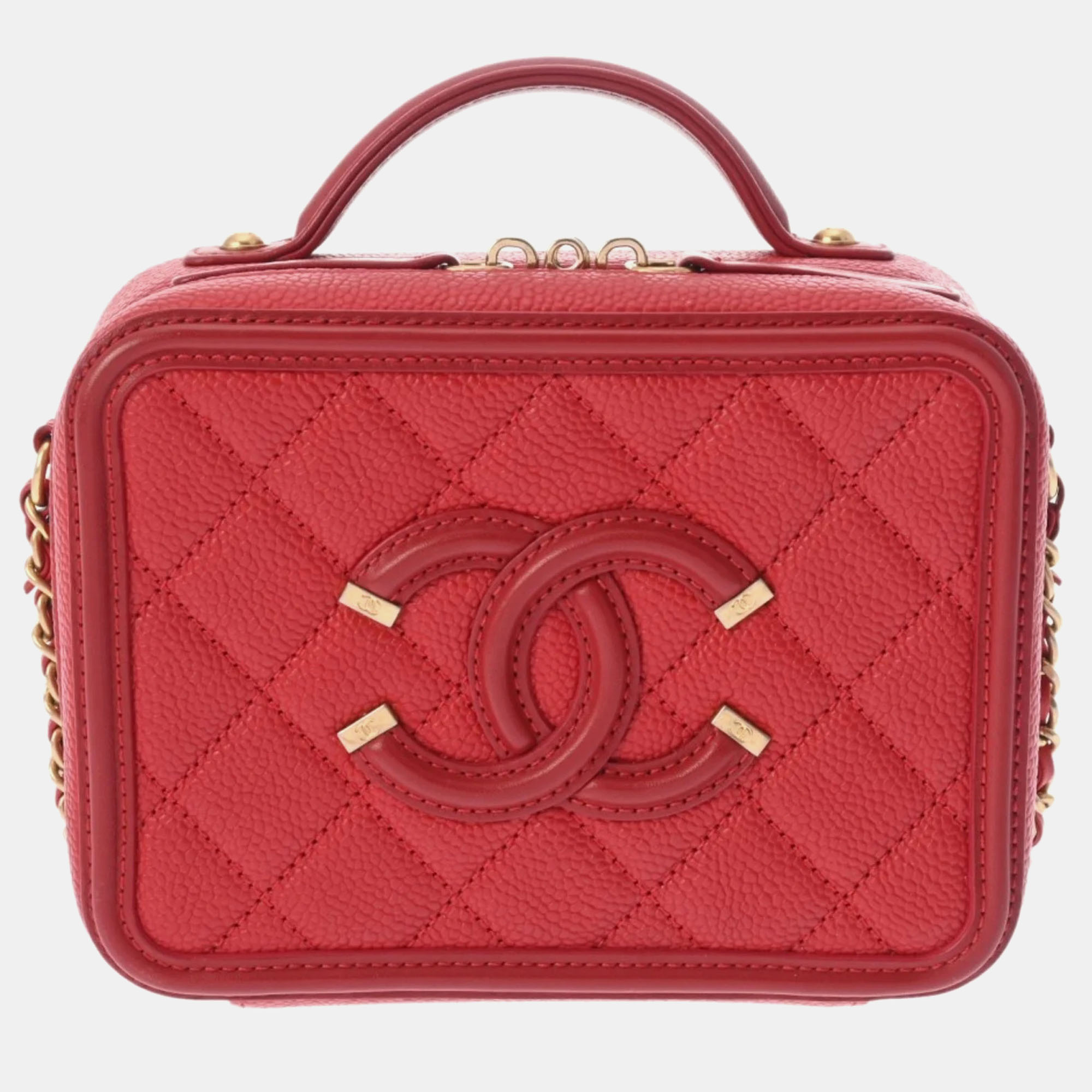 Pre-owned Chanel Red Caviar Skin Cc Filigree Small Vanity Chain Shoulder Bag