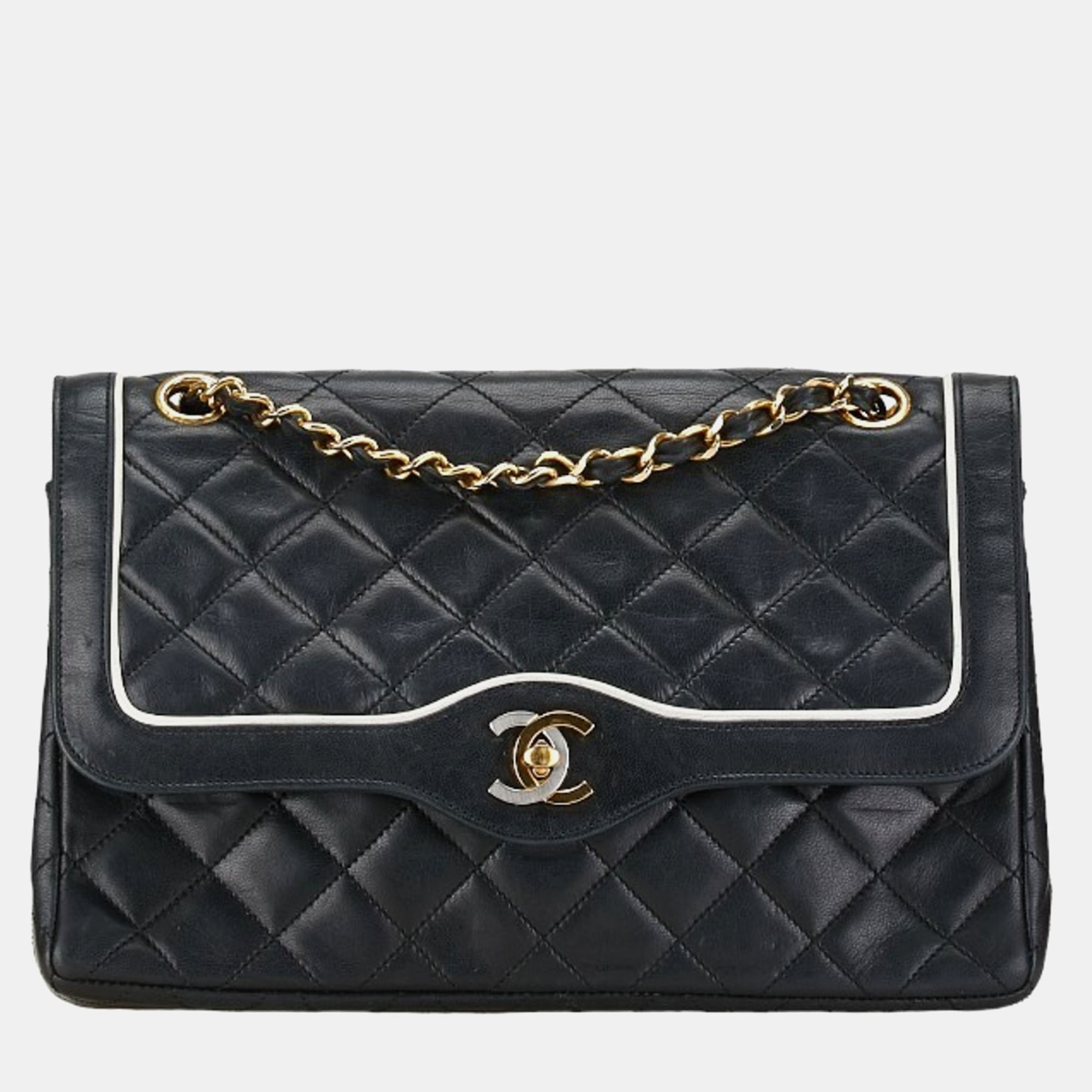 

Chanel Black Lambskin Matelasse 25 Coco Mark Double Flap Chain Shoulder Bag