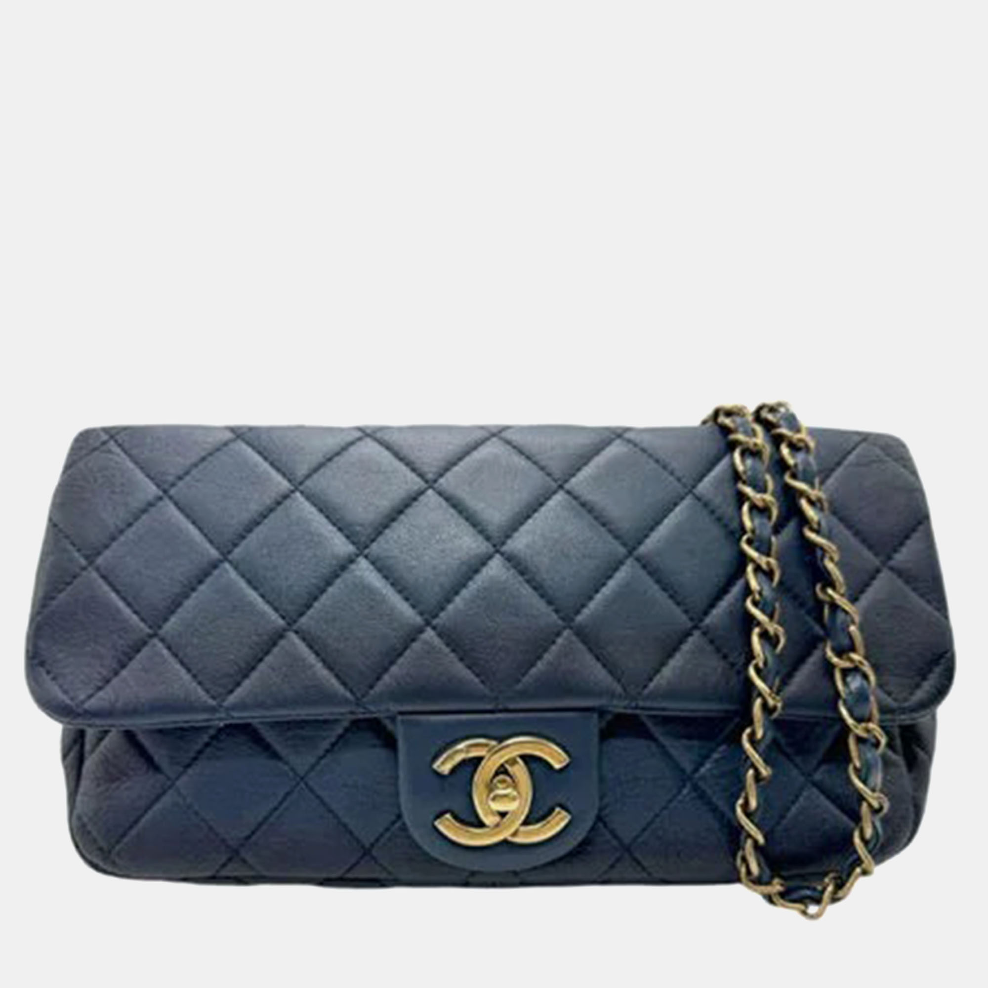 Pre-owned Chanel Navy Gold Lambskin Shoulder Bag In Navy Blue