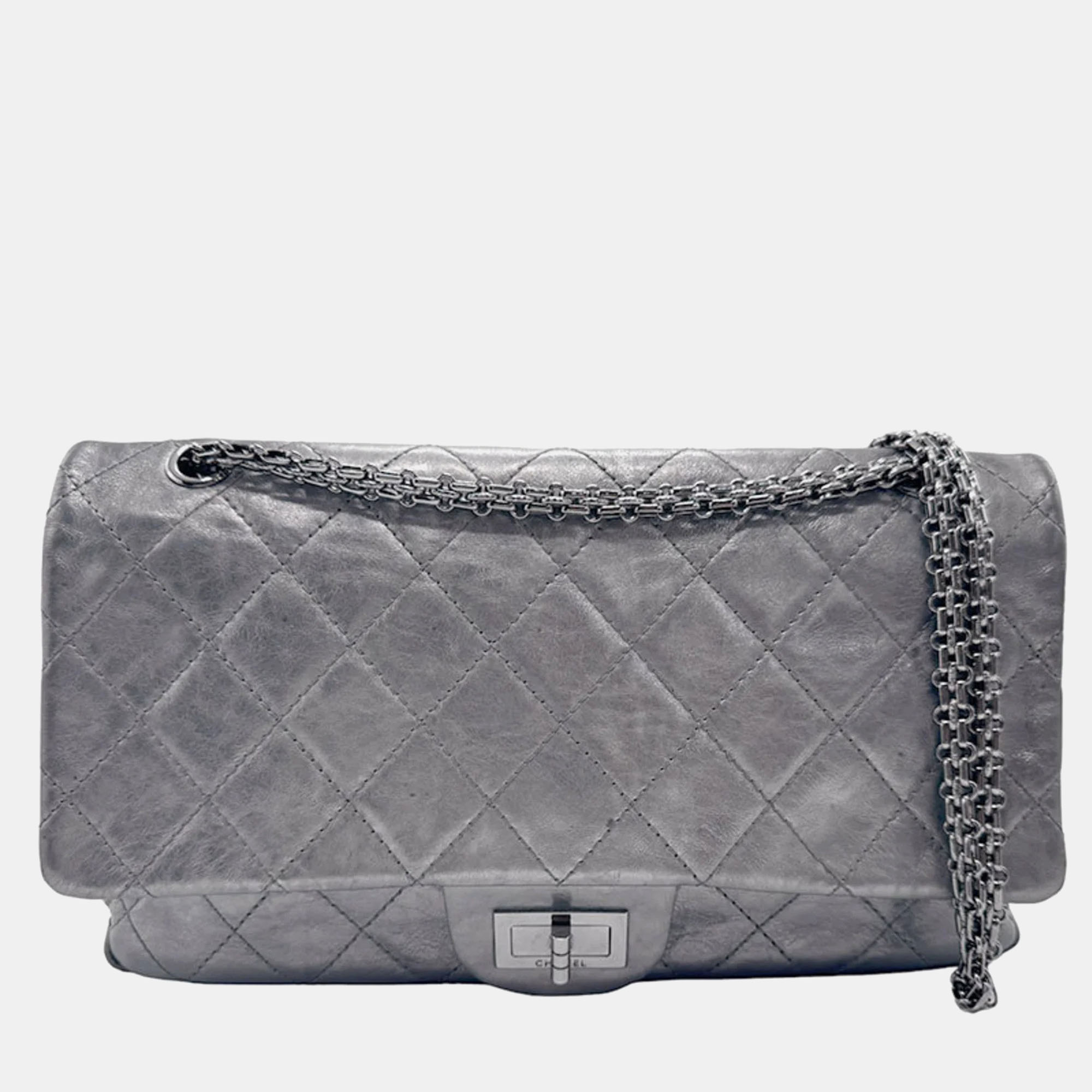 Pre-owned Chanel Metal Metallic Gray Leather Matelasse 2.55 Double Flap Shoulder Bag In Grey