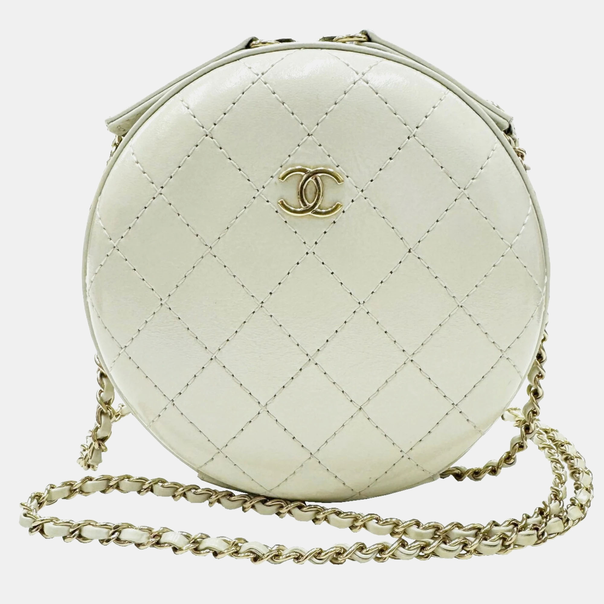 Pre-owned Chanel Ivory Leather Matelasse Round Chain Shoulder Bag In Cream