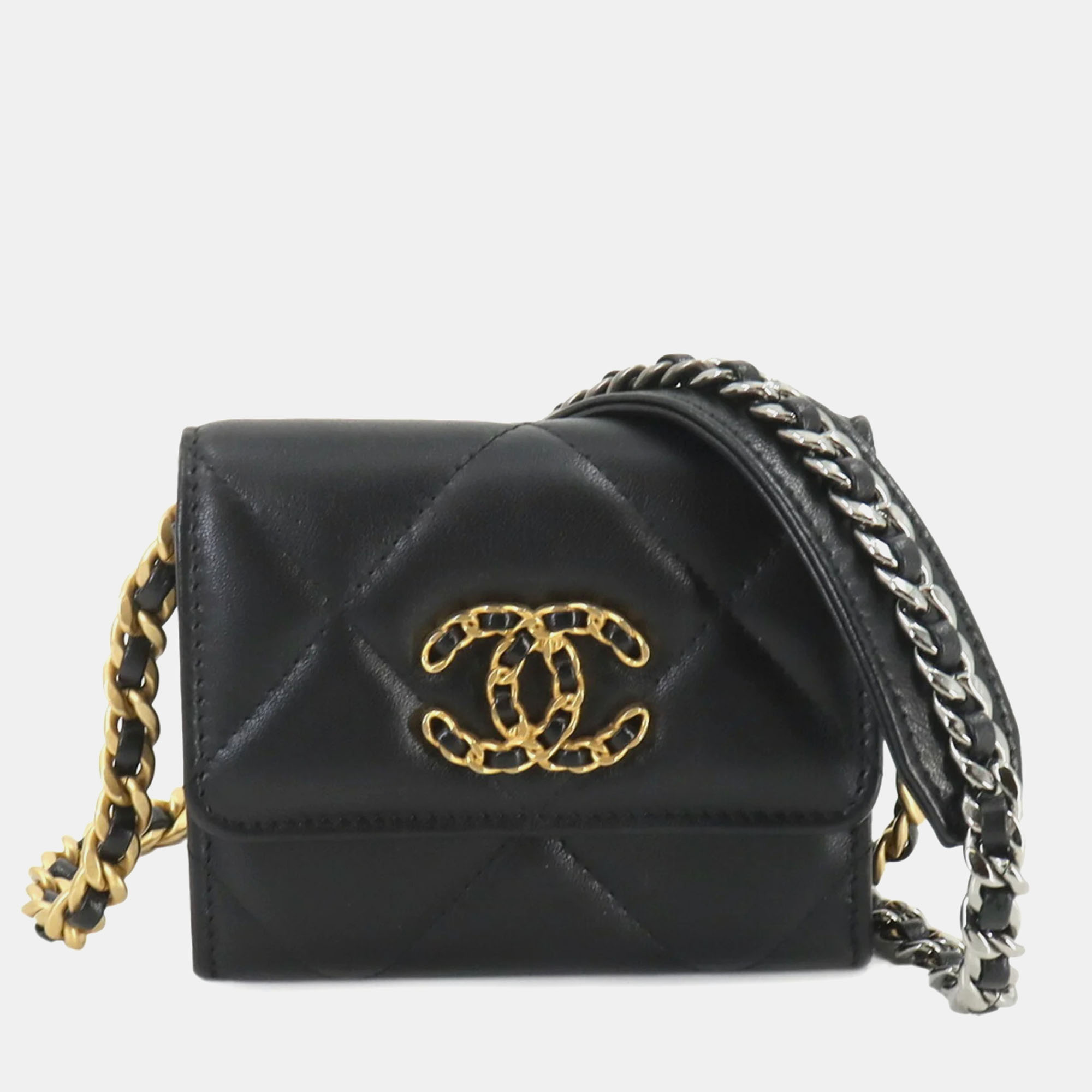 Pre-owned Chanel 19 Flap Chain Wallet In Black