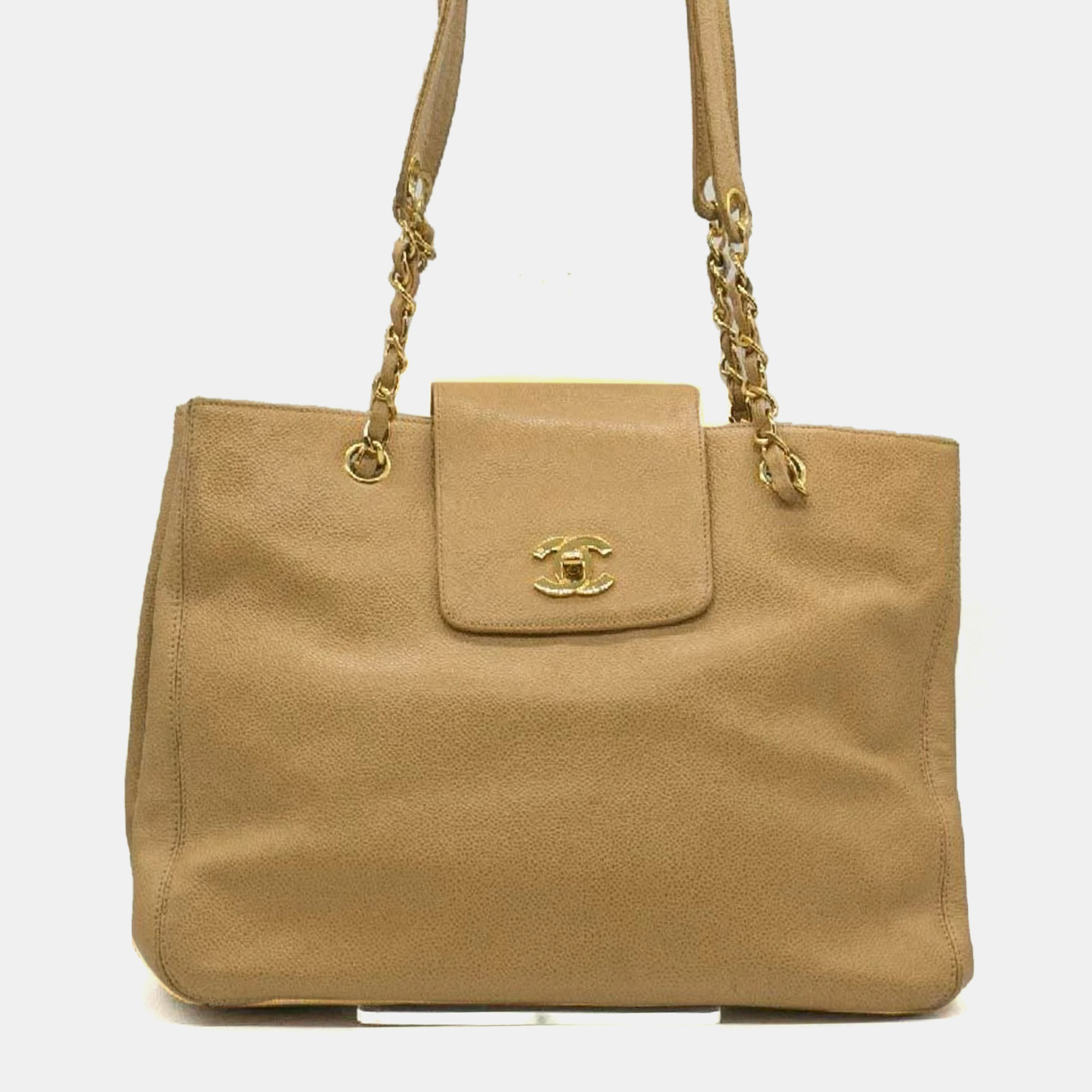 Pre-owned Chanel Beige Gold Caviar Skin Leather Chain Tote Bag