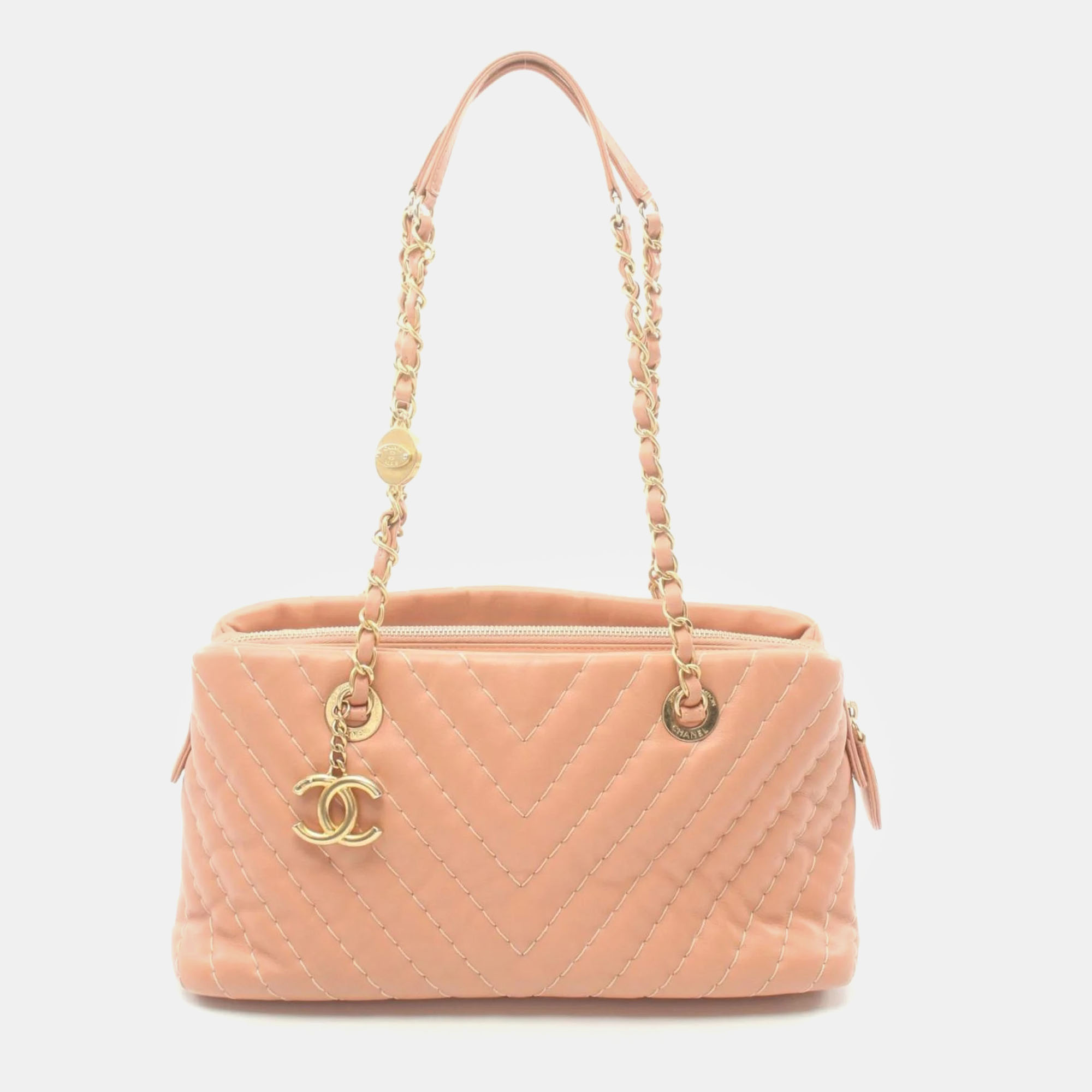 Pre-owned Chanel Pink Leather Chevron V-stitch Tote Bag