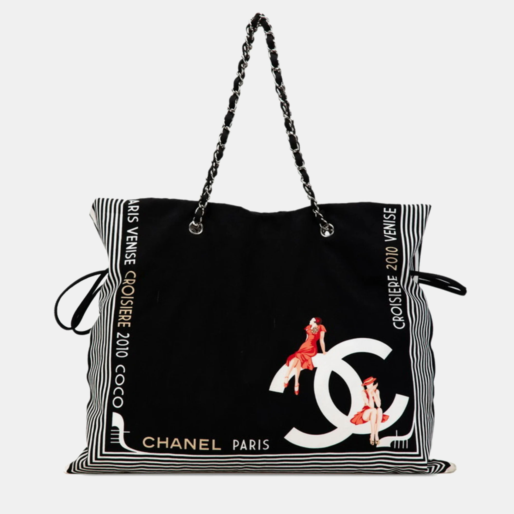 

Chanel Black White Canvas Cruise Line Chain Tote Bag