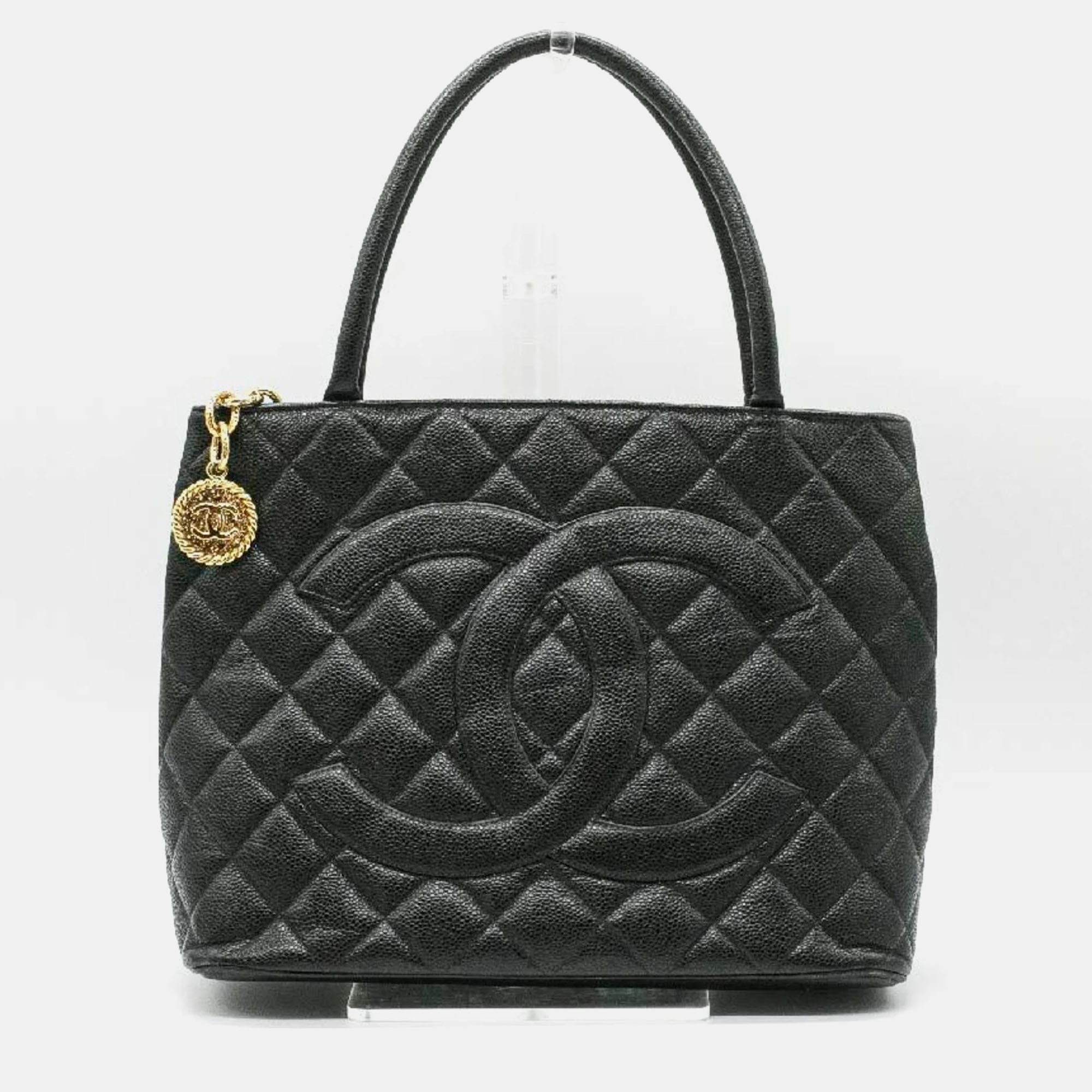 

Chanel Black Gold Caviar Skin Leather Matelasse Reproduction Coco Mark Tote Bag