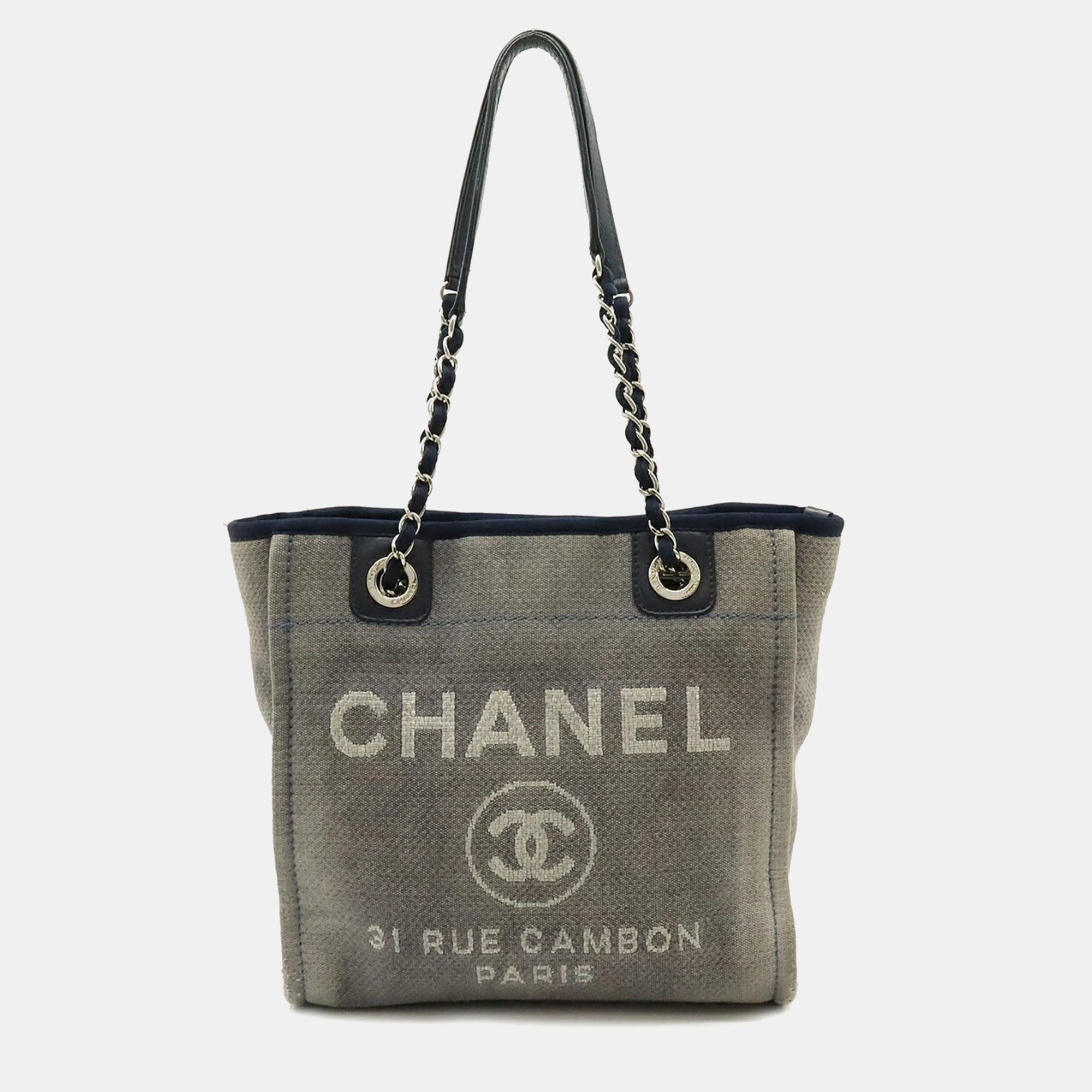 Pre-owned Chanel Dusty Navy Blue Canvas Leather Deauville Tote Bag