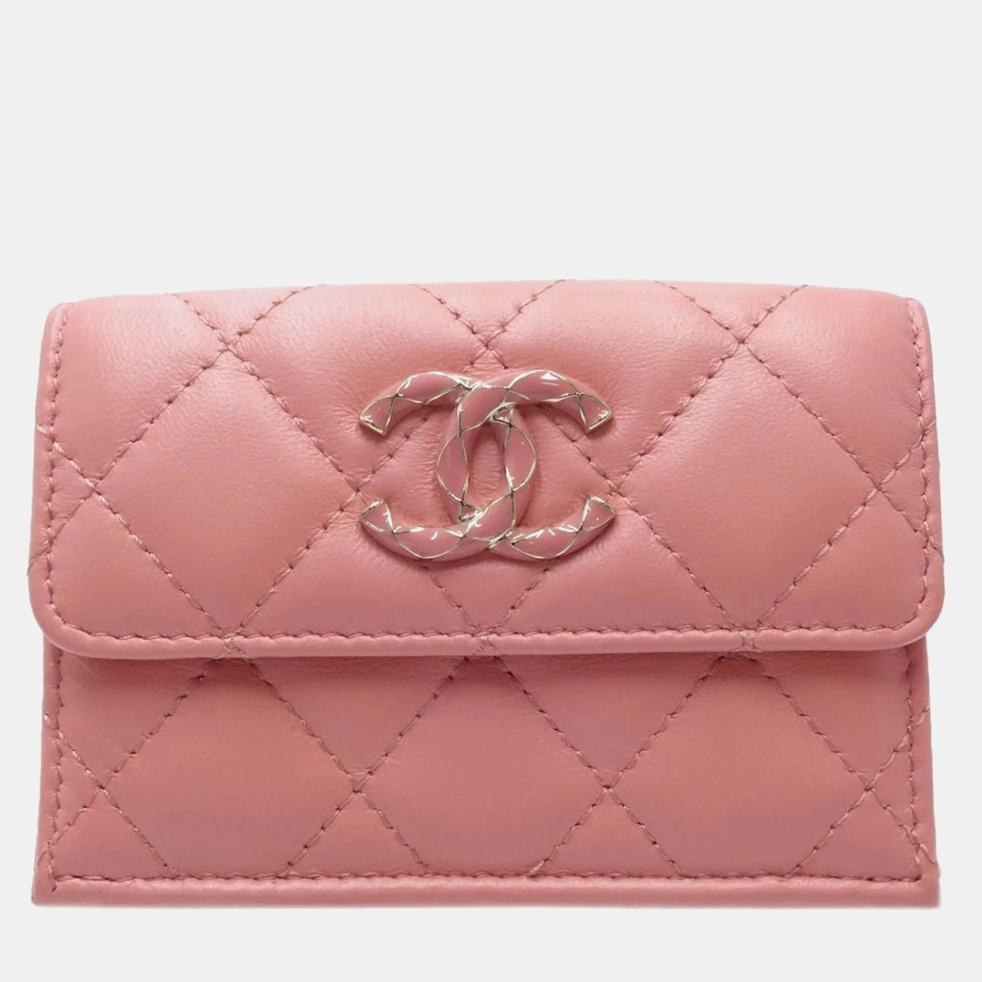 Pre-owned Chanel Pink Lambskin Matelasse Flap Tri-fold Wallet