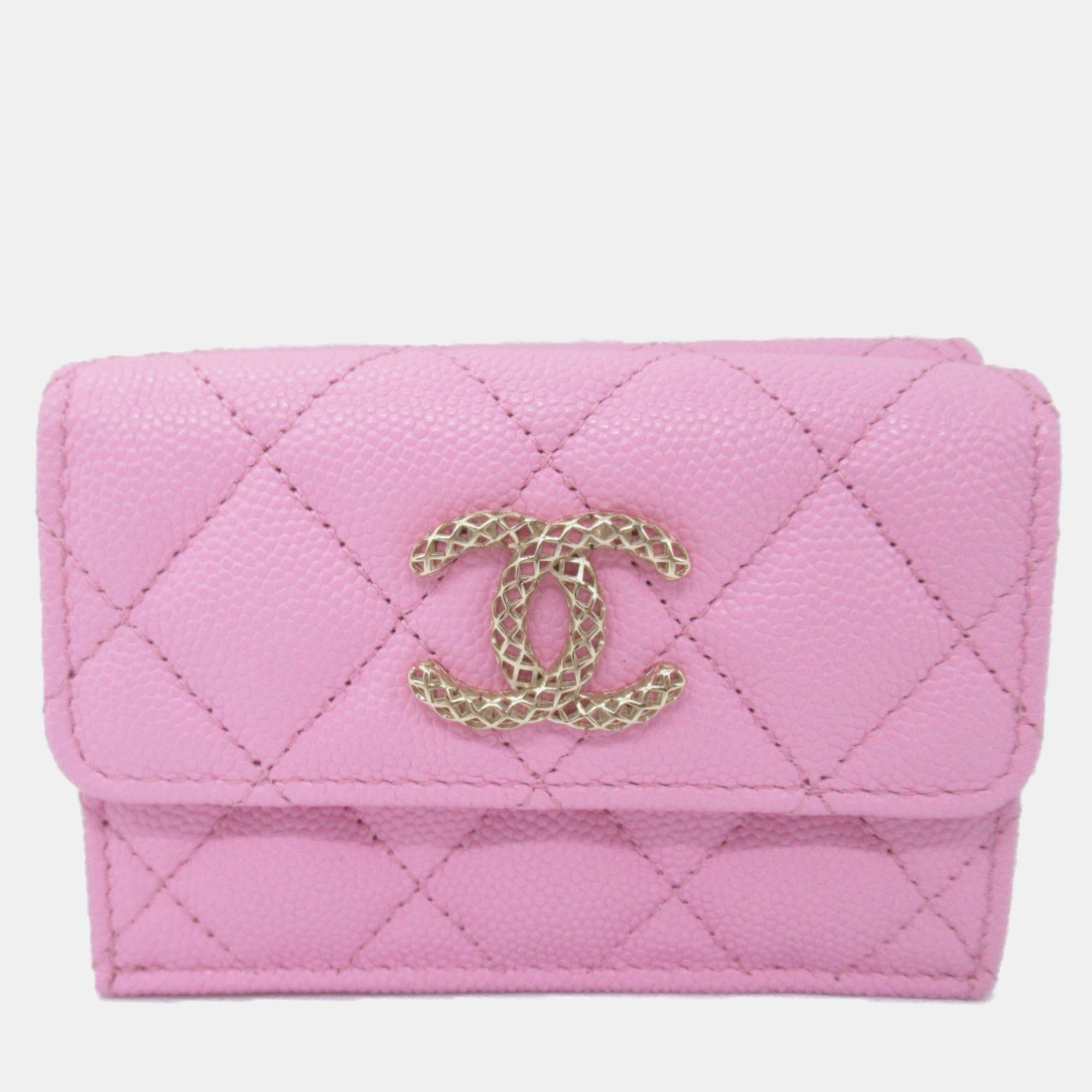 Pre-owned Chanel Pink Caviar Skin (grained Calfskin) Classic Tri-fold Small Flap Wallet