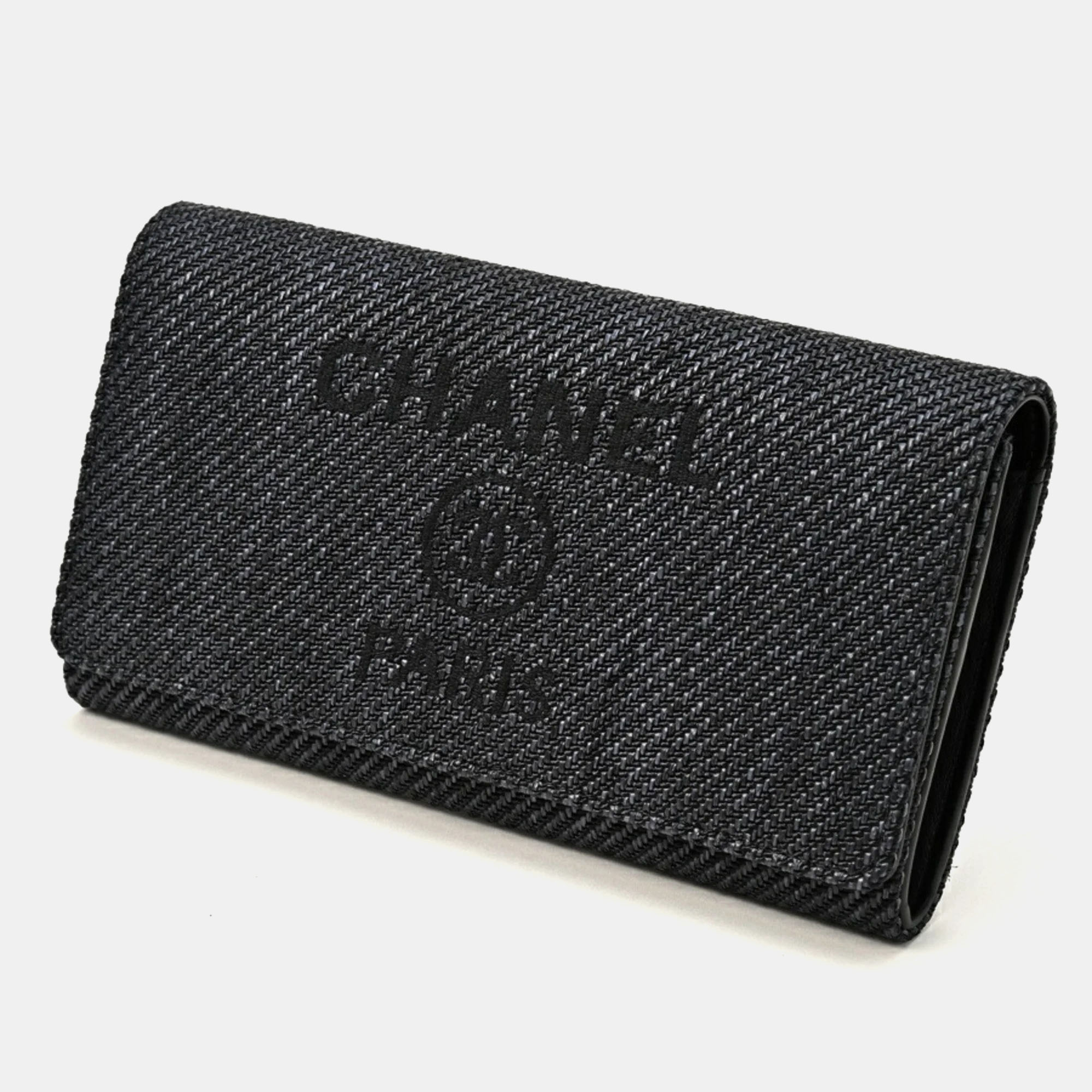 Pre-owned Chanel Black Canvas/leather Deauville Long Flap Wallet