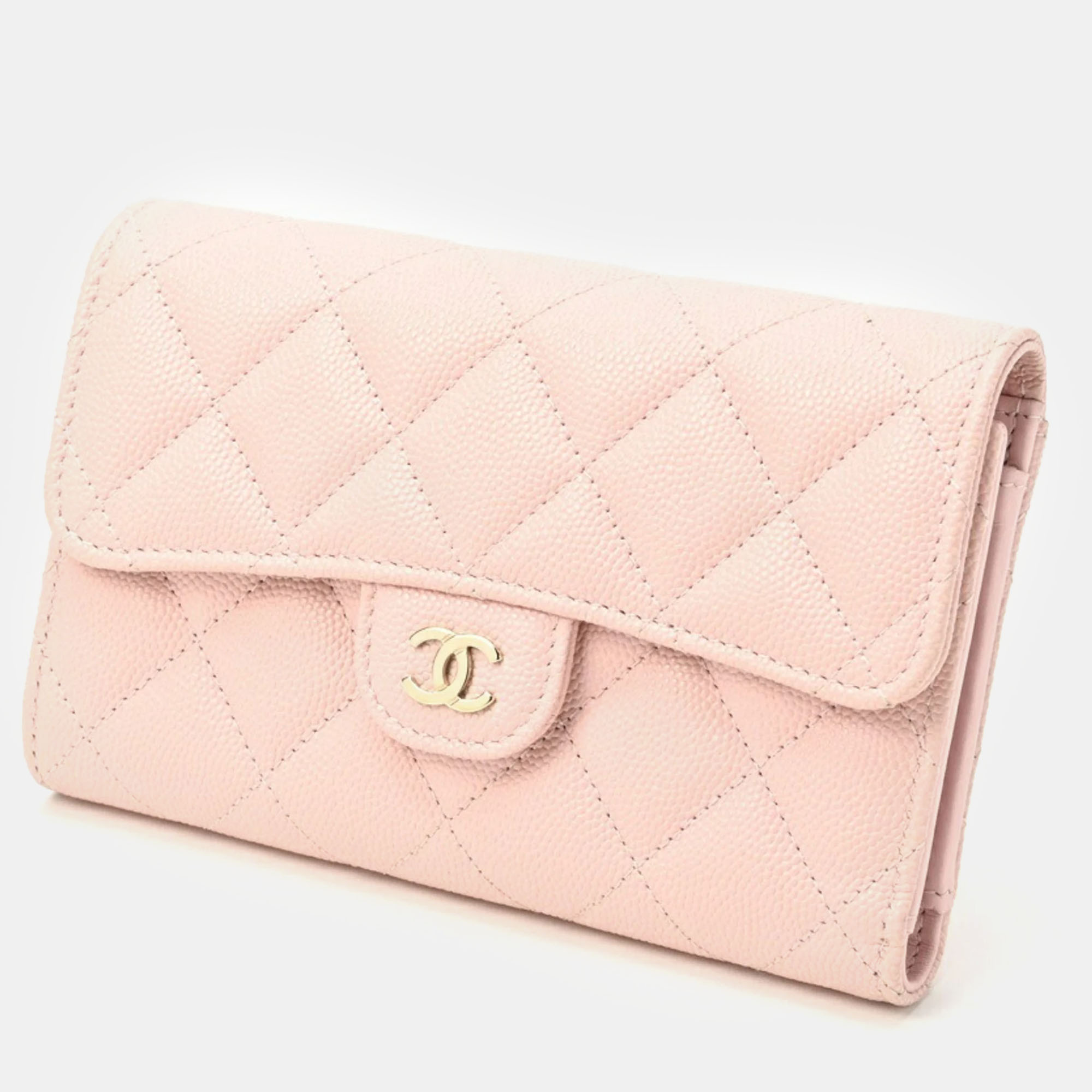 Pre-owned Chanel Caviar Skin Matelasse Medium Flap Wallet In Pink