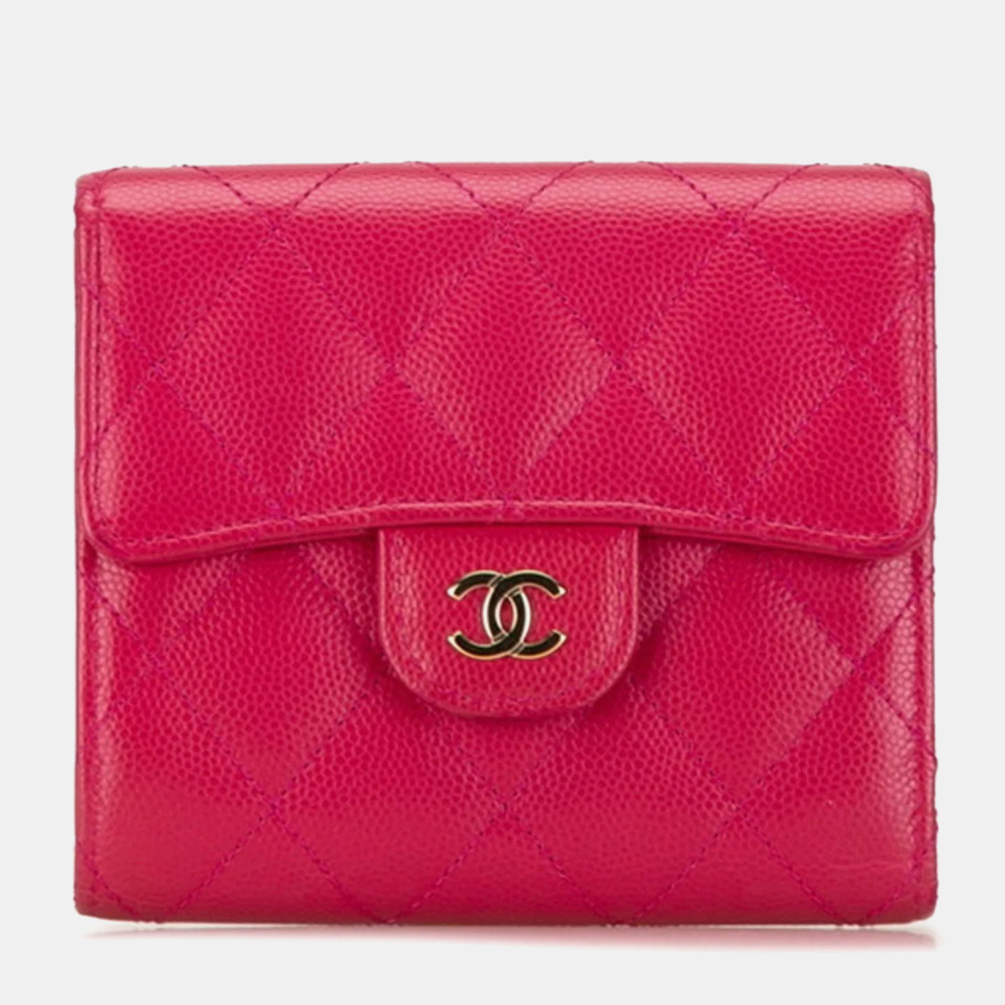 Pre-owned Chanel Pink Caviar Skin Matelasse Coco Mark Classic Small Flap Bi-fold Wallet