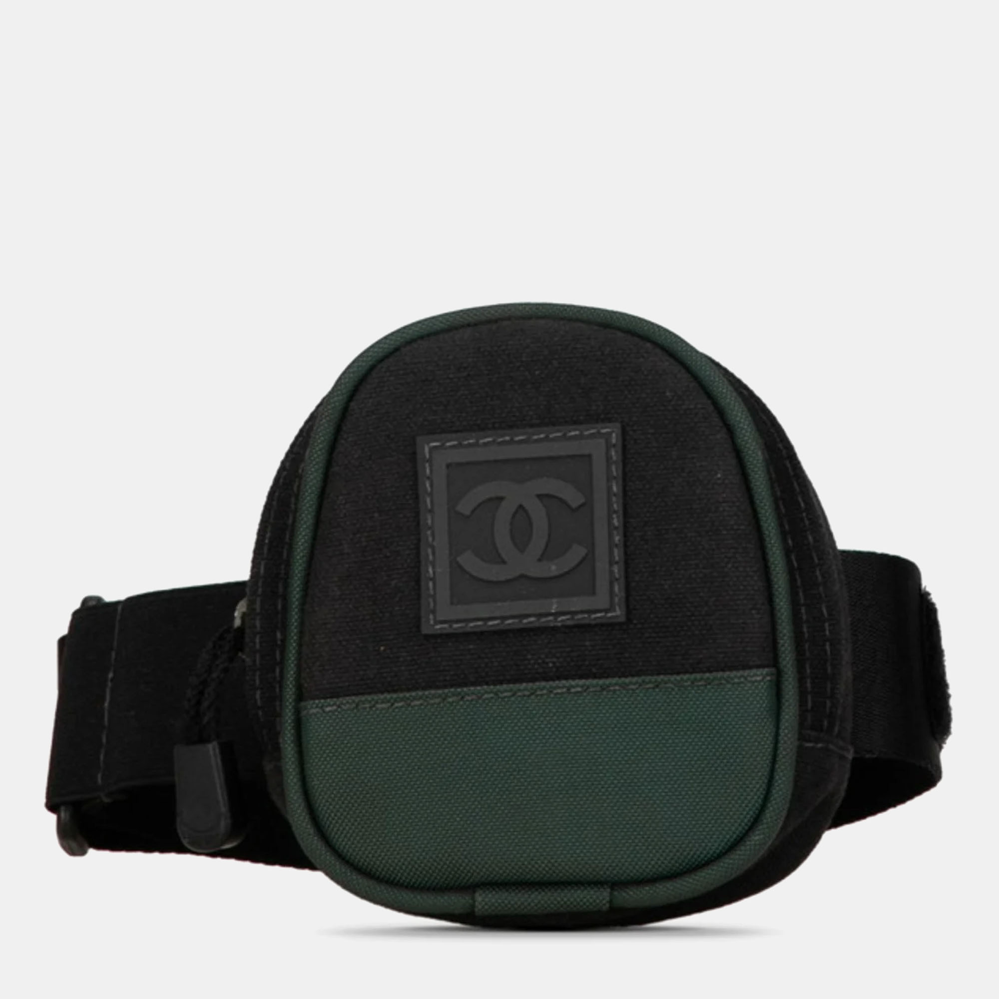 Pre-owned Chanel Green Black Canvas Sport Line Coco Mark Arm Pouch