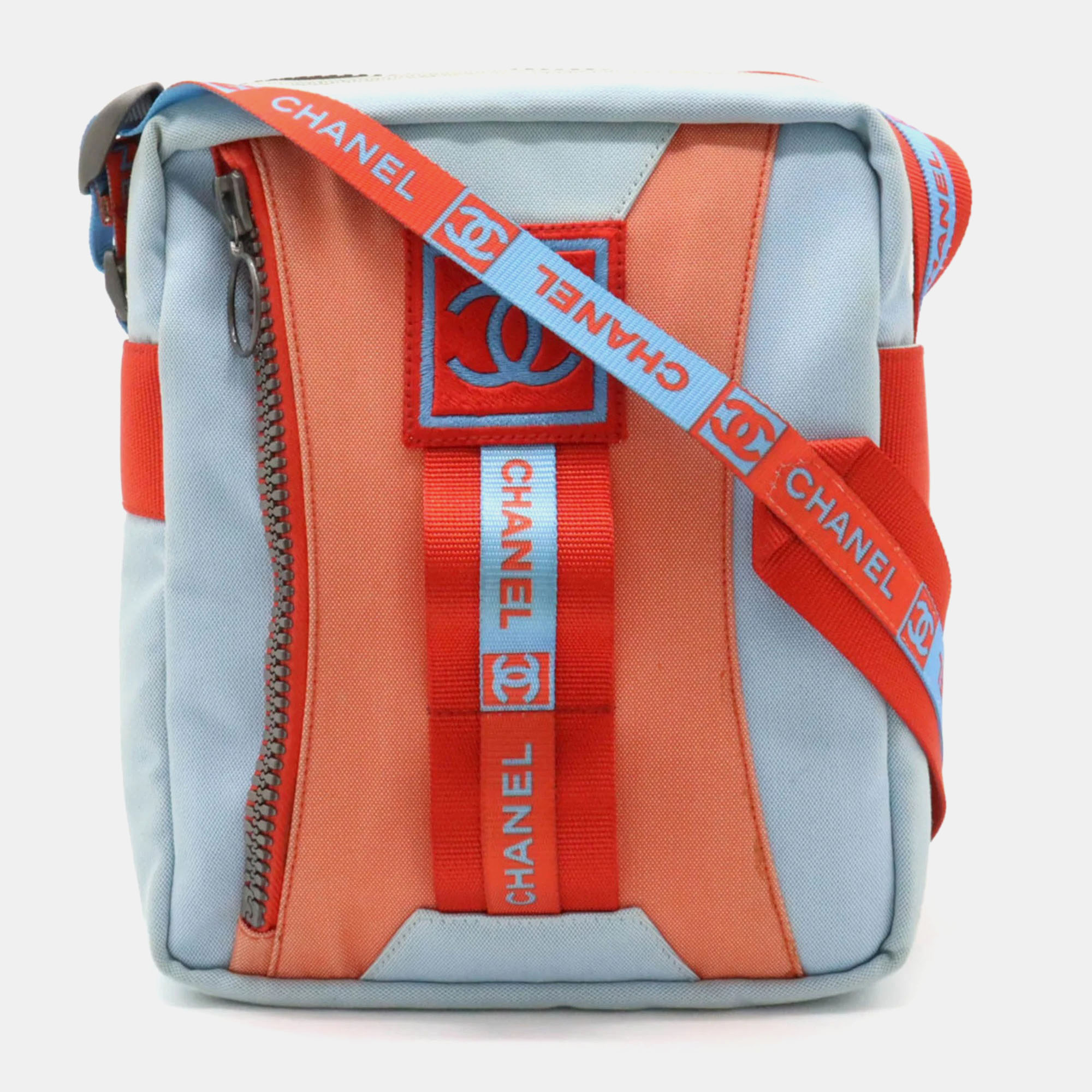 Pre-owned Chanel Light Blue Red Nylon Canvas Sport Line Coco Mark Shoulder Bag