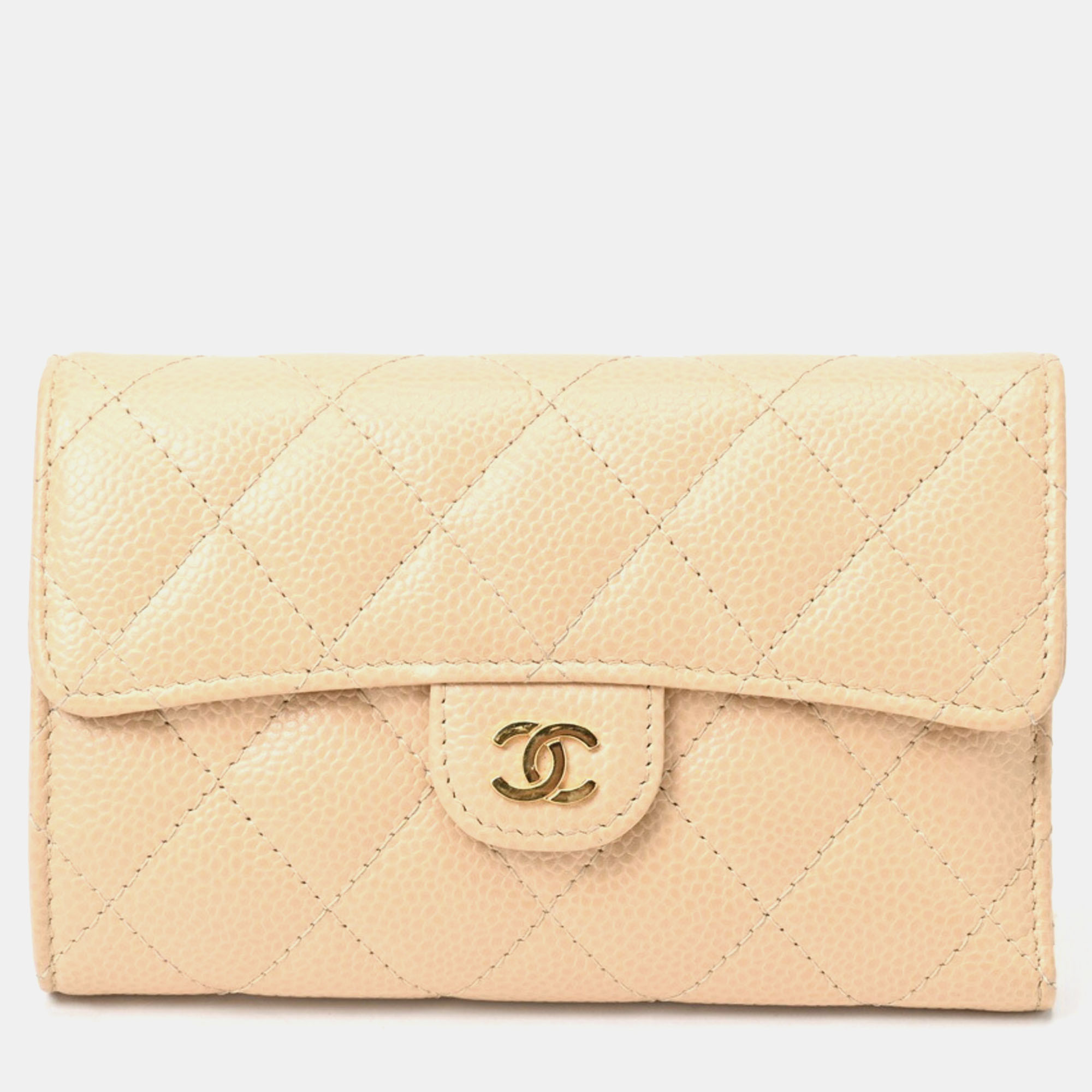 Pre-owned Chanel Beige Caviar Skin Matelasse Medium Flap Wallet