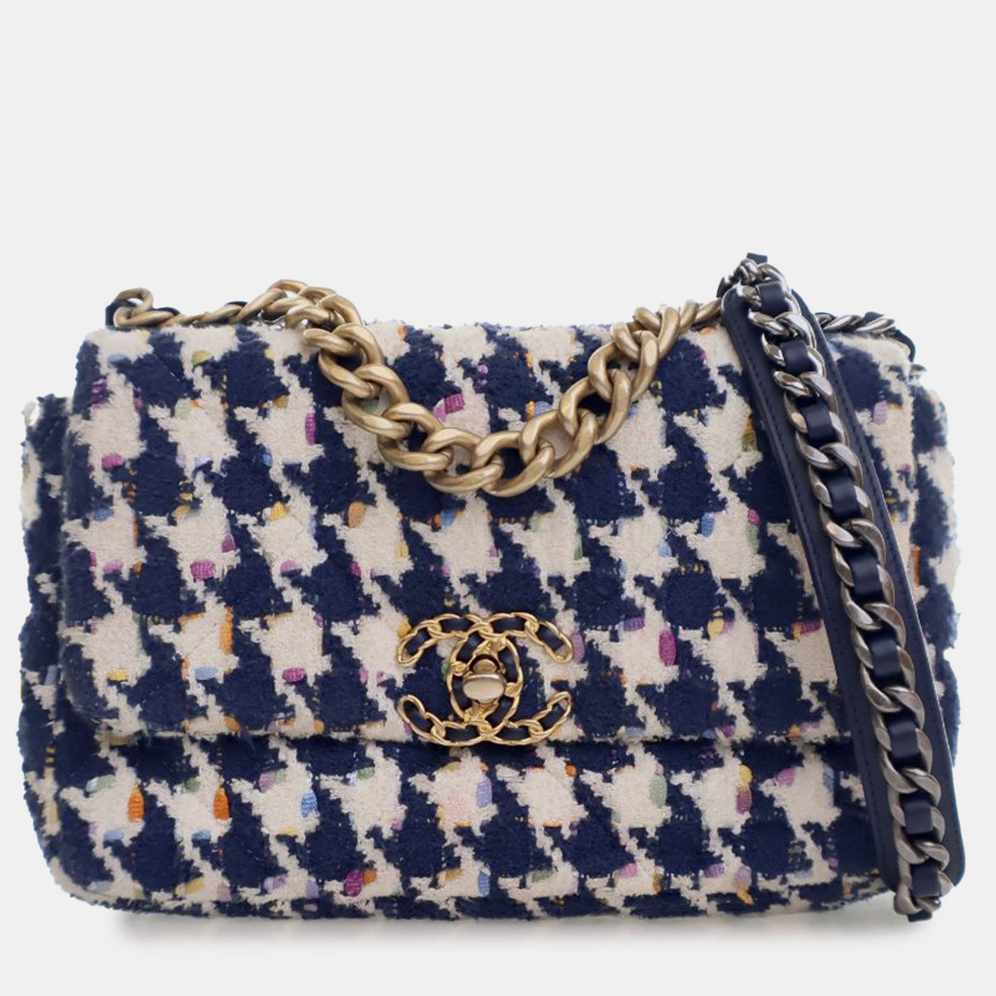 Pre-owned Chanel Navy Blue Medium Houndstooth Tweed 19 Flap Bag