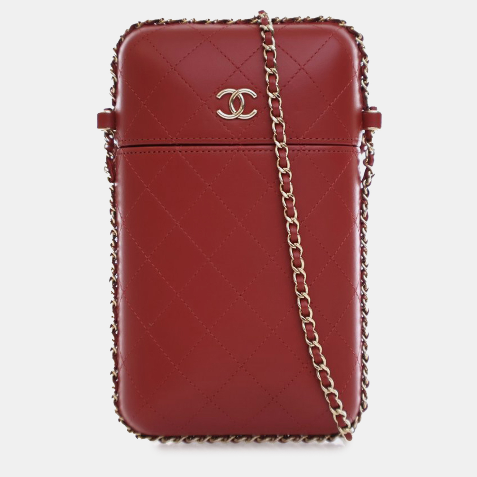 Pre-owned Chanel Red Cc Quilted Calfskin Chain Around Phone Holder