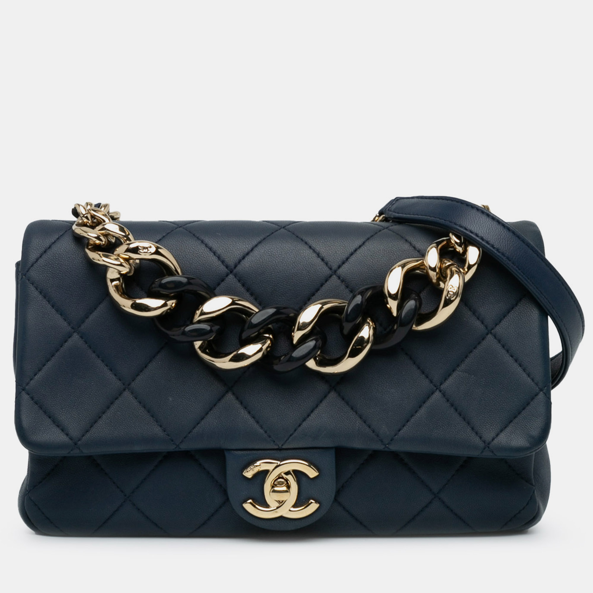 

Chanel Navy Blue Small Lambskin Elegant Chain Single Flap Bag