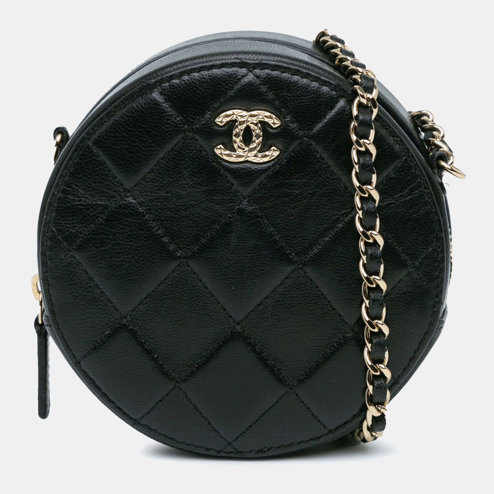 

Chanel Black CC Quilted Lambskin Round Clutch with Chain