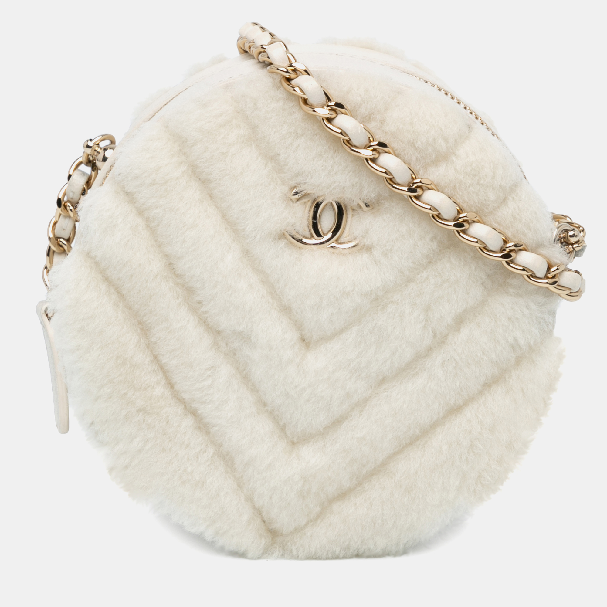 

Chanel White Chevron Fur Round Clutch with Chain