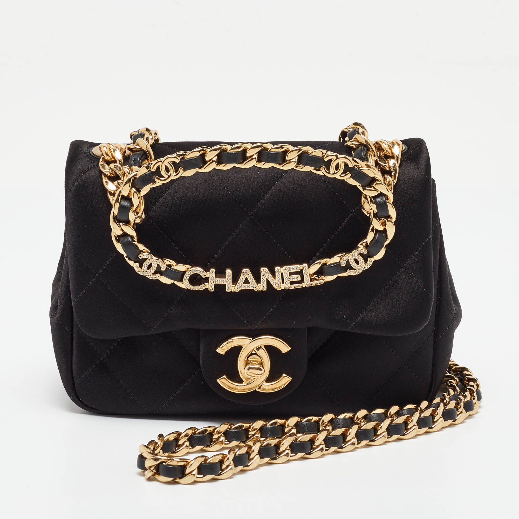 

Chanel Black Quilted Satin Top Handle Flap Bag