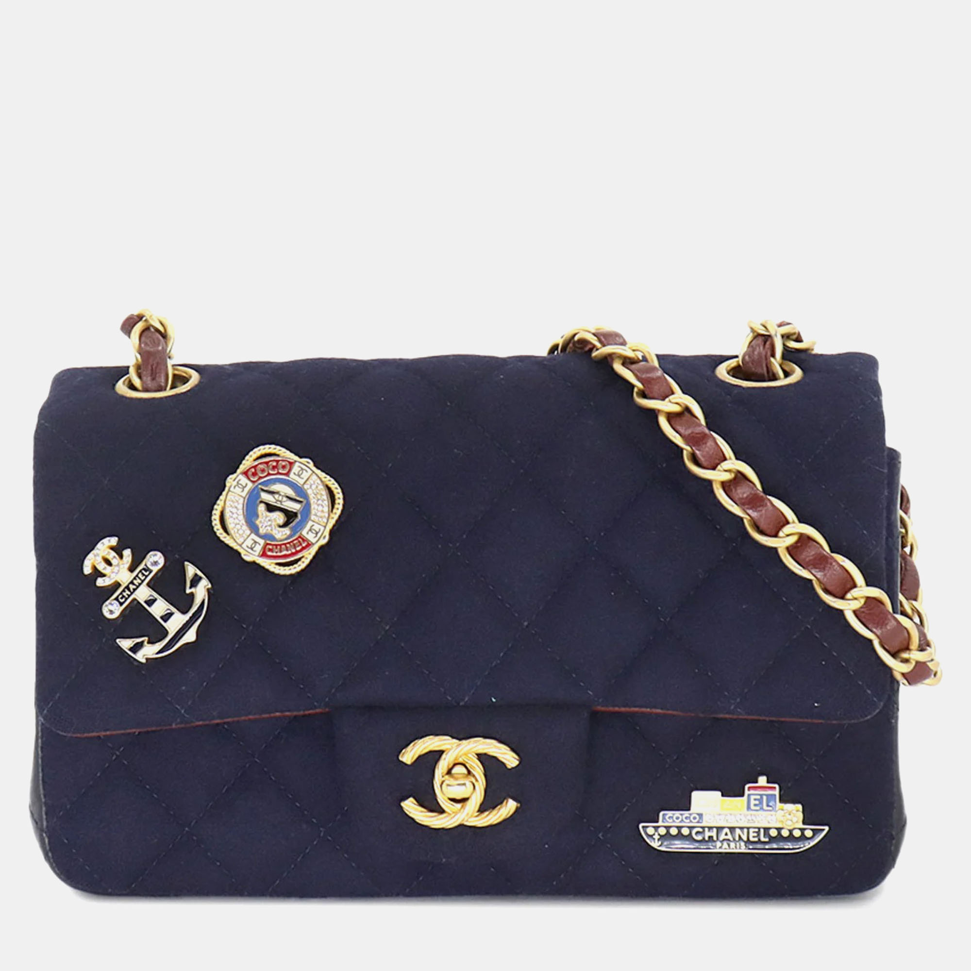 

Chanel Navy Bordeaux Wool Leather Matelasse Chain Shoulder Bag, Navy blue