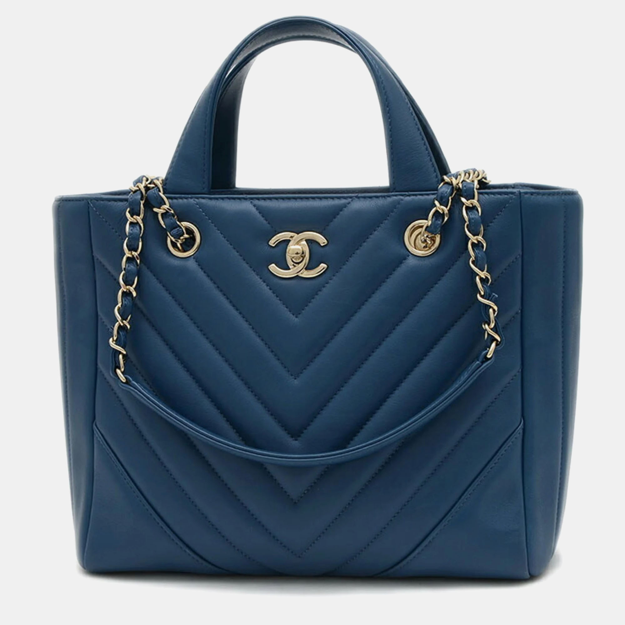 Pre-owned Chanel Blue Leather Chevron V-stitch Tote Bag