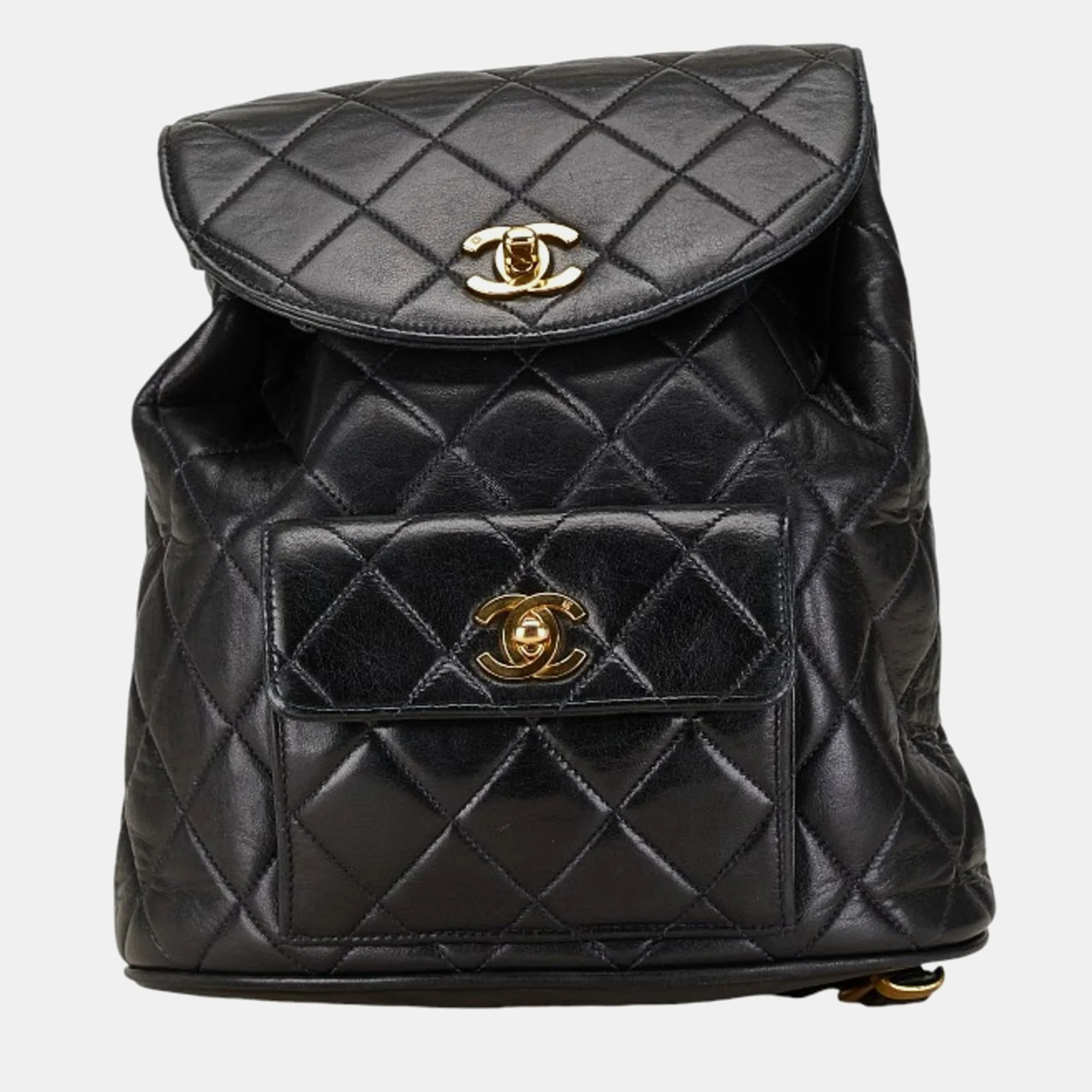 Pre-owned Chanel Black Lambskin Matelasse Coco Mark Chain Backpack