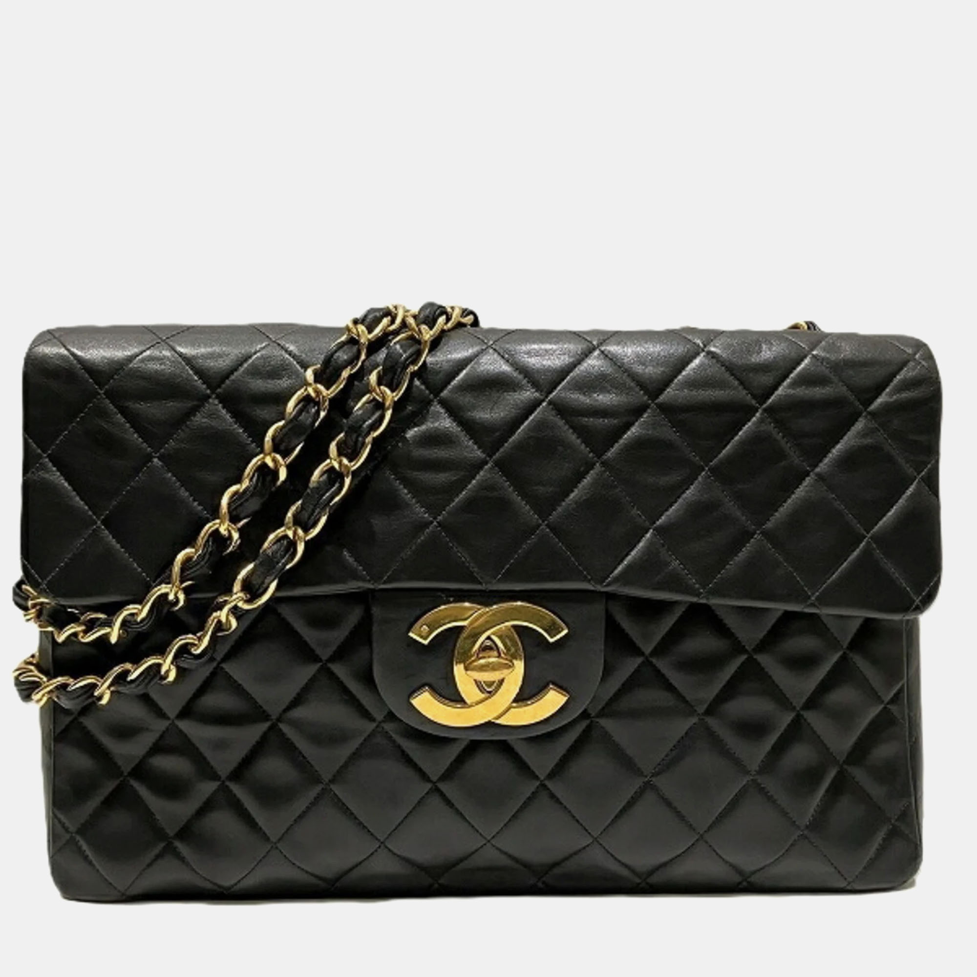 Pre-owned Chanel Lambskin Deca Matelasse 34 Double Chain Bag In Black