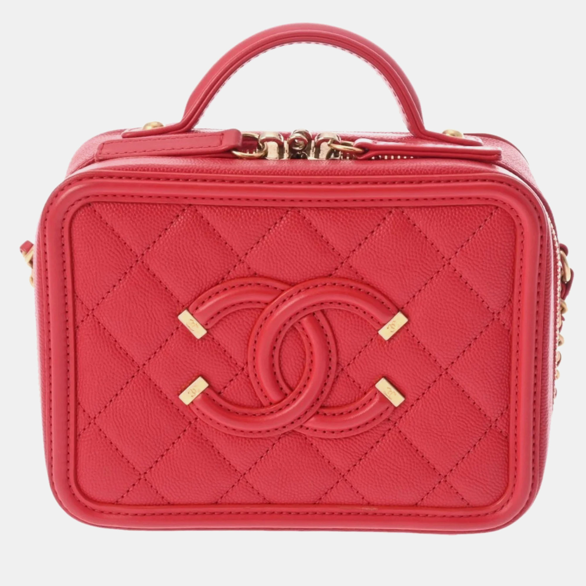 Pre-owned Chanel Red Caviar Skin Cc Filigree Small Vanity Chain Shoulder Bag