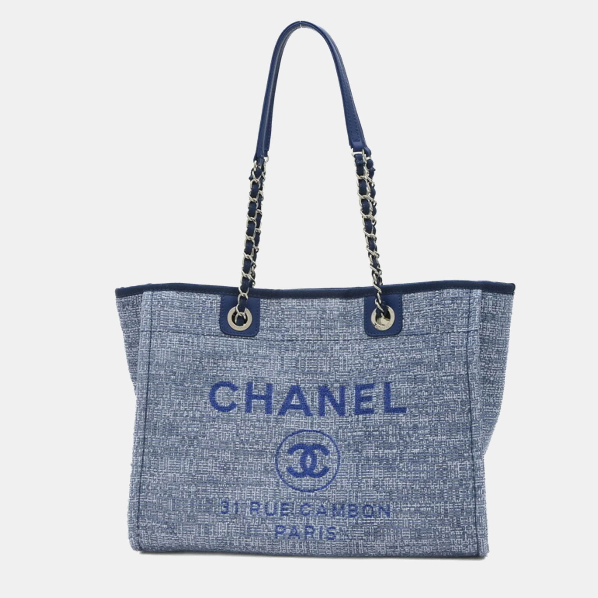 Pre-owned Chanel Blue Canvas Deauville Mm Chain Tote Bag