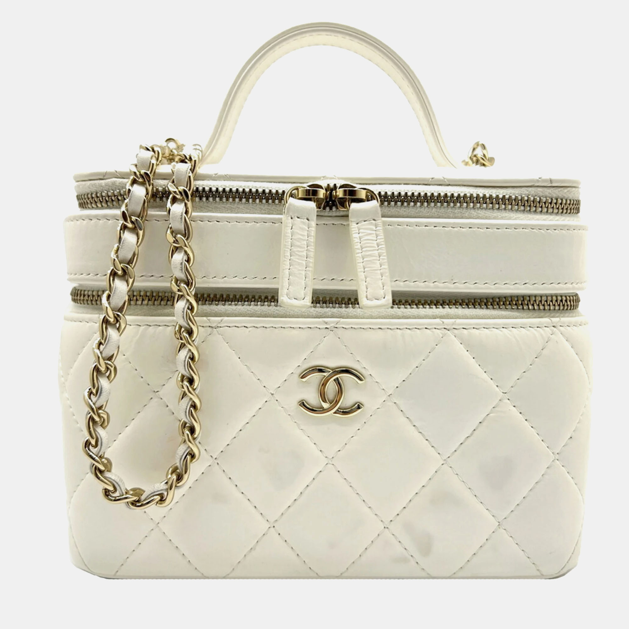 

Chanel White Leather Matelasse Coco Mark CC Vanity Chain Bag