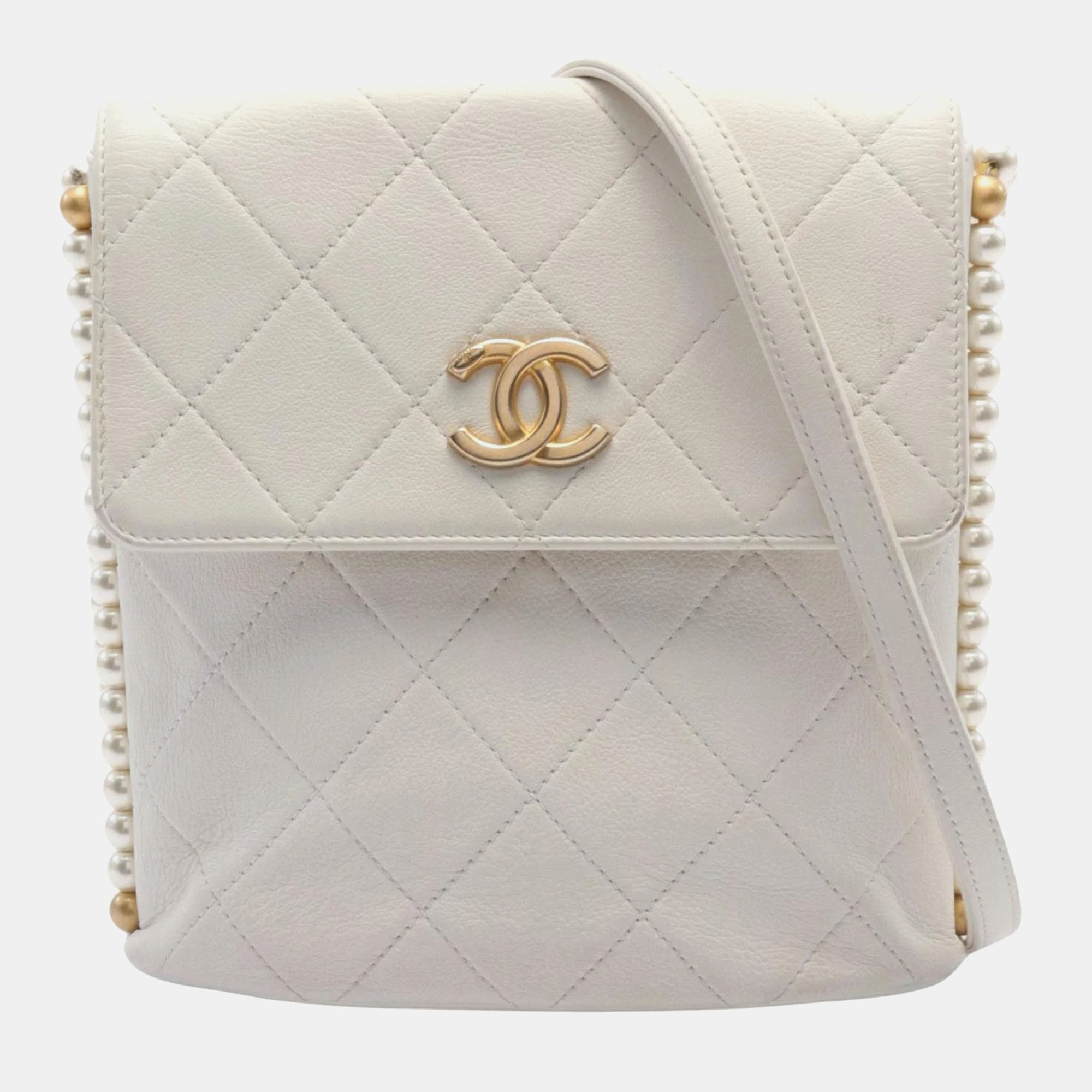 Pre-owned Chanel White Leather Matelasse Faux Pearl Shoulder Bag