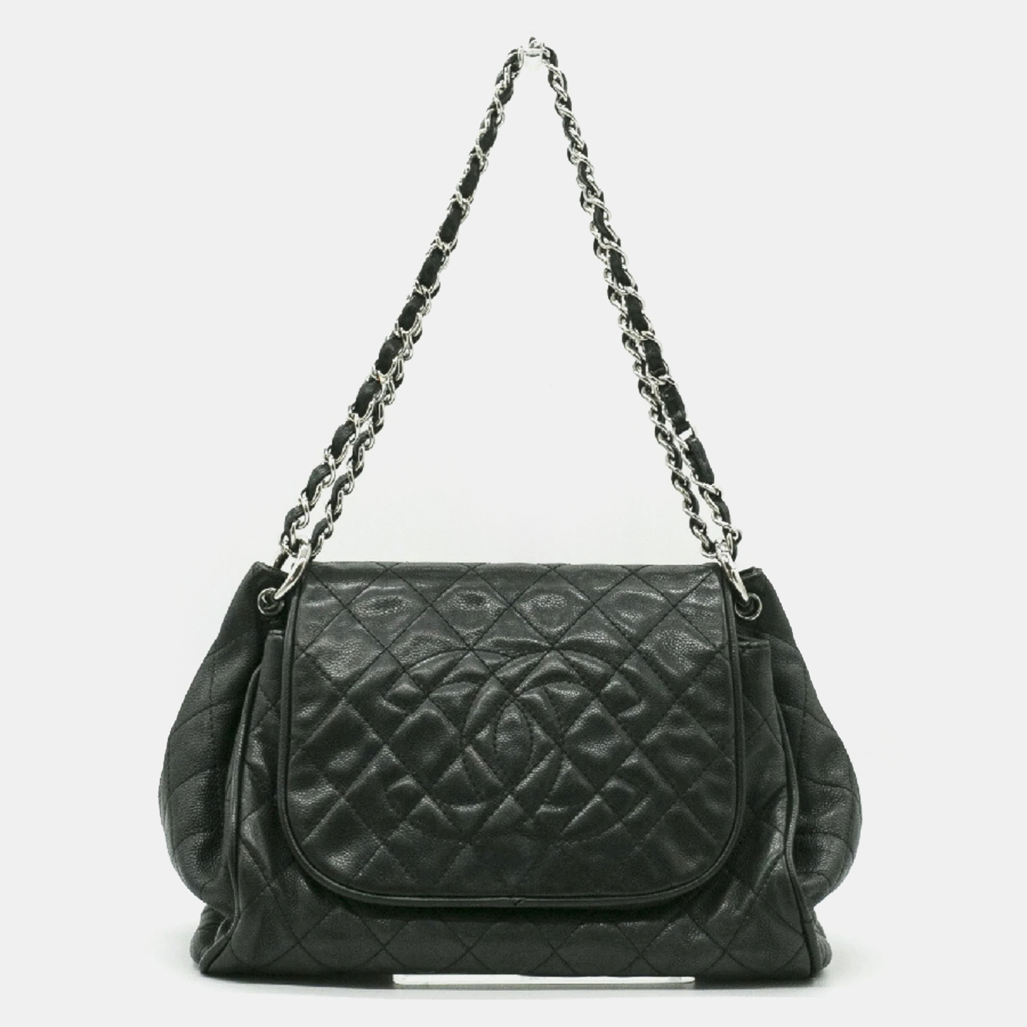 Pre-owned Chanel Black Silver Leather Mark Chain Shoulder Bag