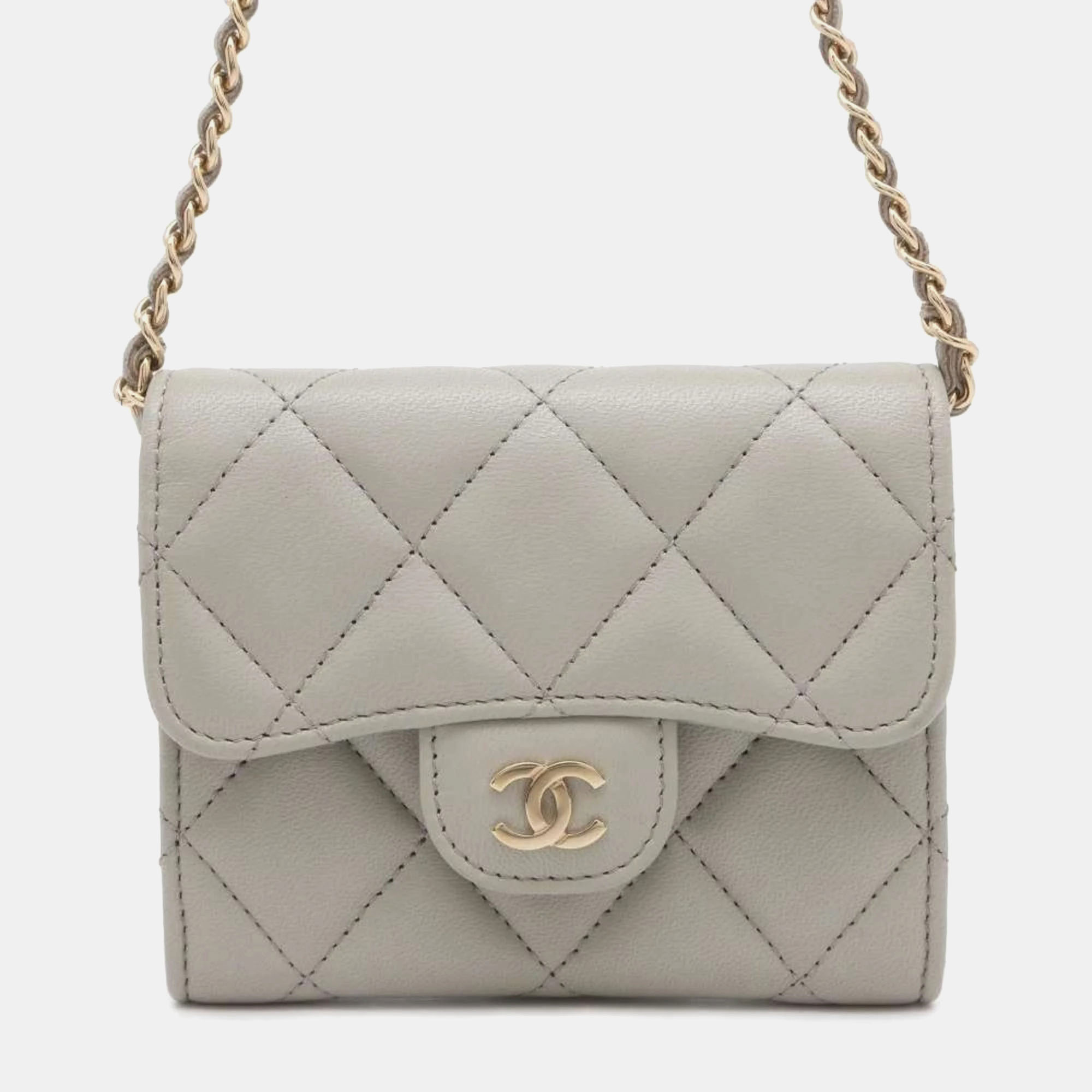 Pre-owned Chanel Lambskin Matelasse Coco Mark Chain Wallet In Grey