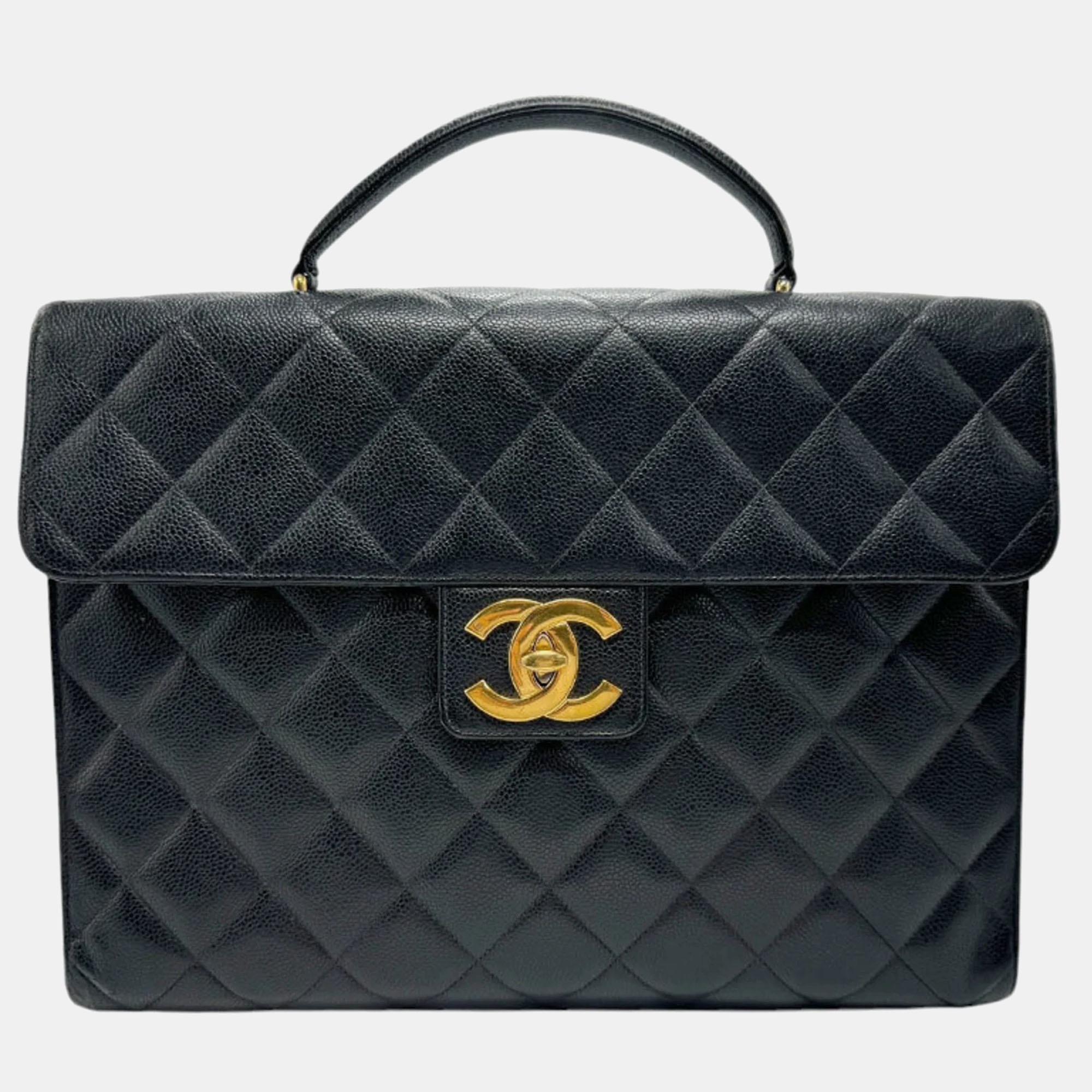 

Chanel black gold caviar skin leather bag