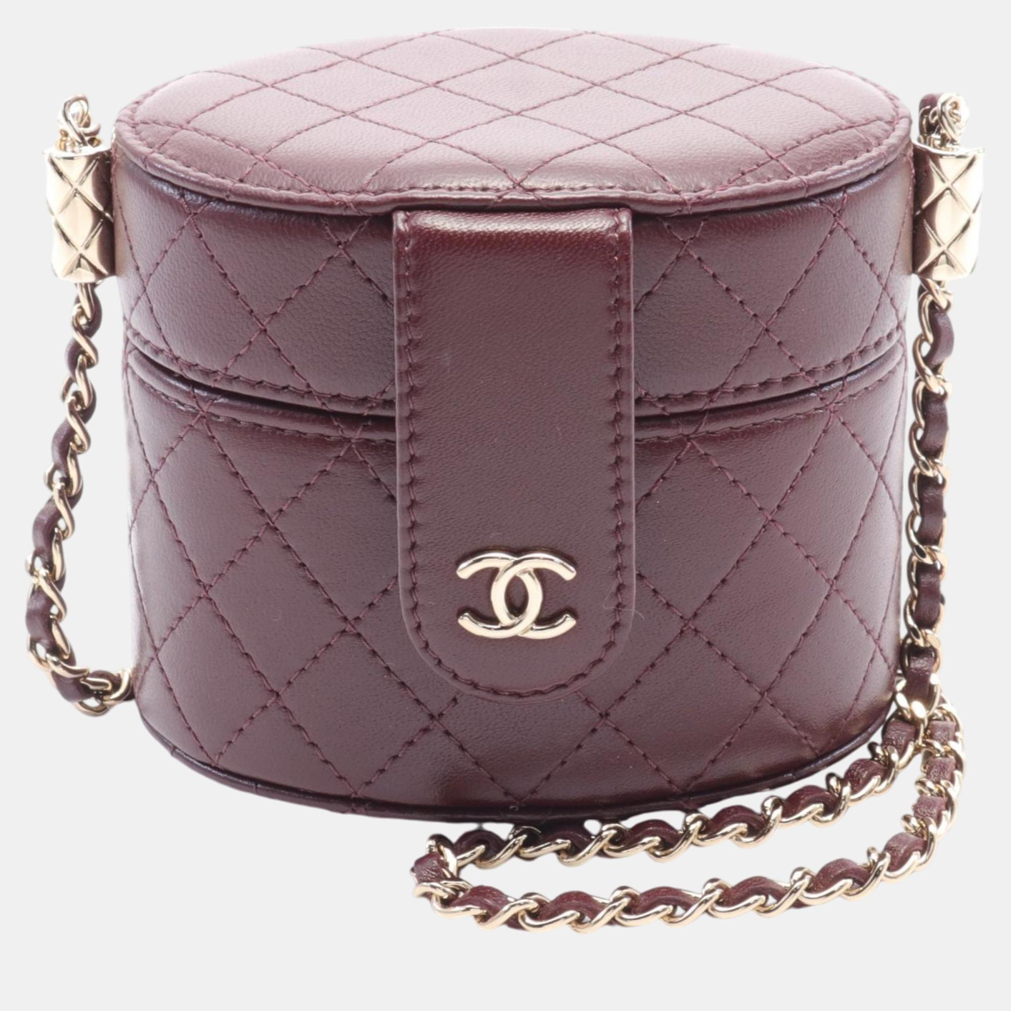 

Chanel Burgundy Lambskin Quilted Mini Round Vanity Case With Chain