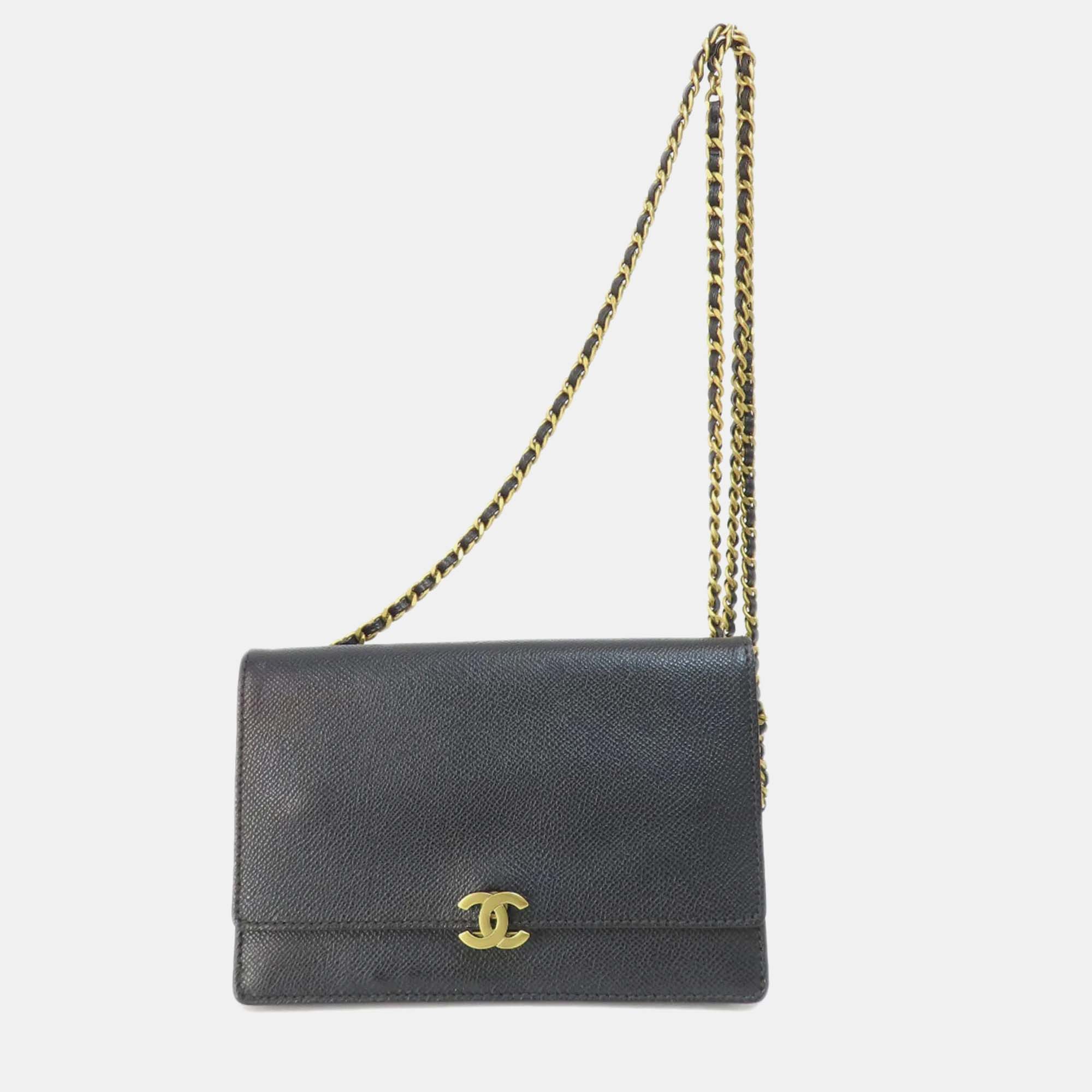 

Chanel Caviar Skin Coco Mark Long Chain Wallet, Black