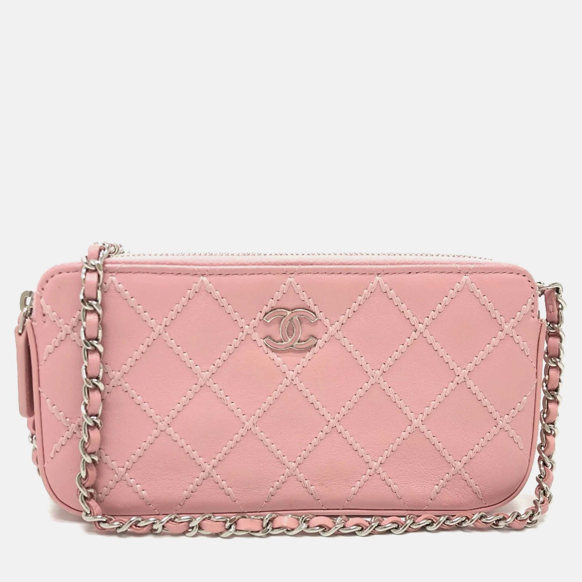 Pre-owned Chanel Pink Cc Mark Chain Wallet Long Wallet