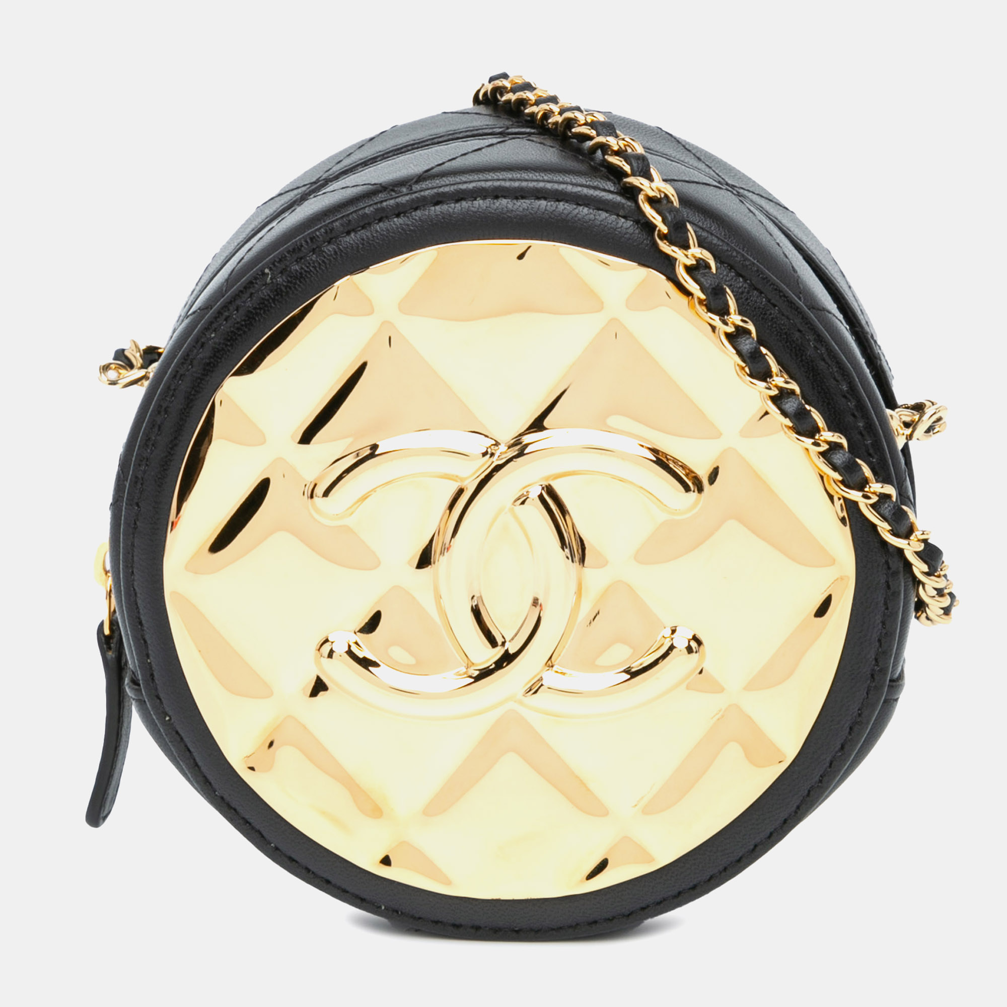 

Chanel Mini Lambskin Golden Plate Round Clutch with Chain, Black