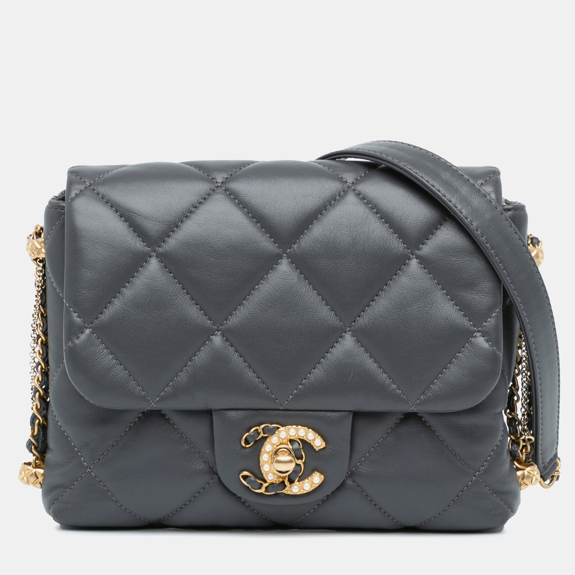 

Chanel Gray Tone Leather Mini Quilted Lambskin Crush On Chains Flap Bag, Grey