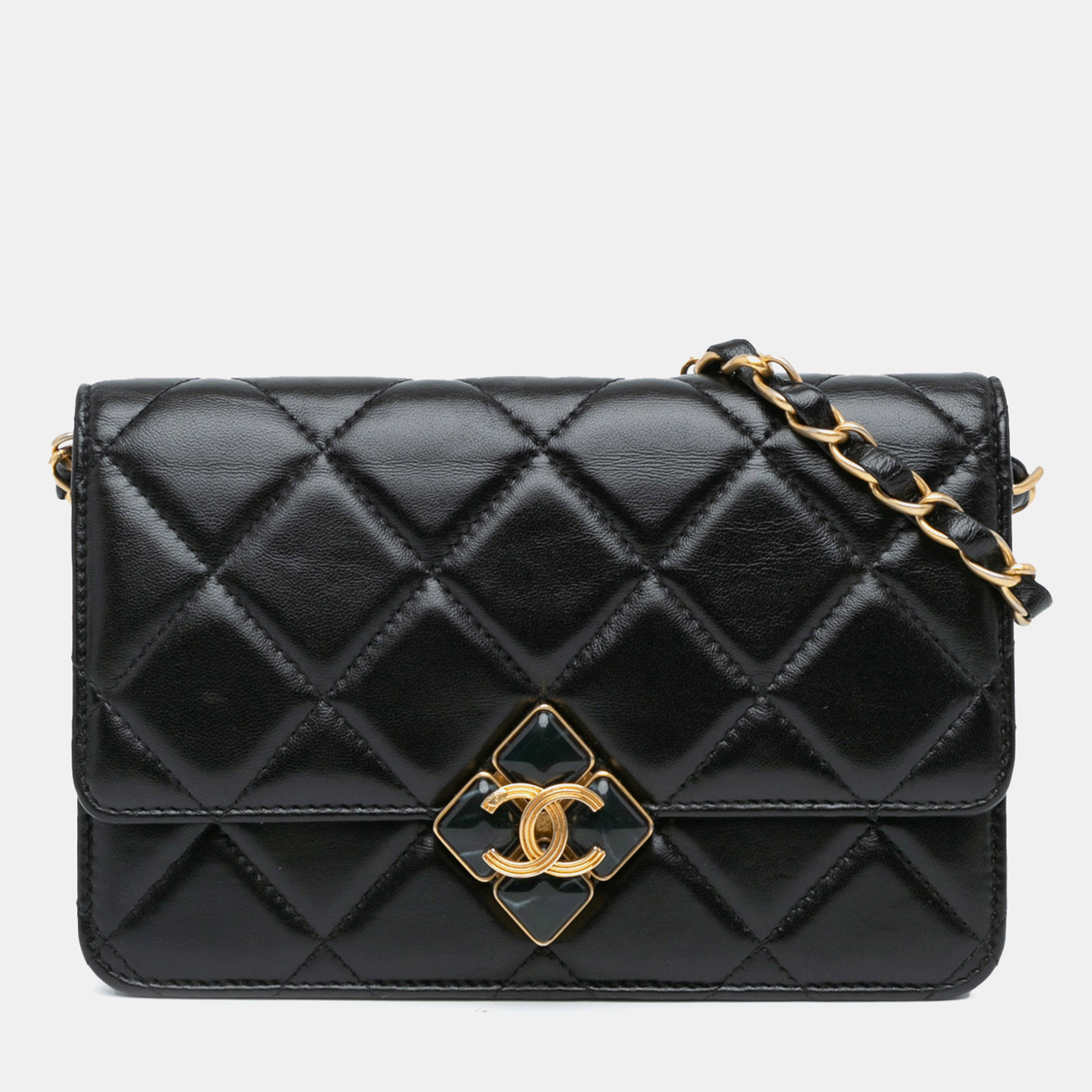 

Chanel Quilted Lambskin Diamond Lock Wallet on Chain, Black