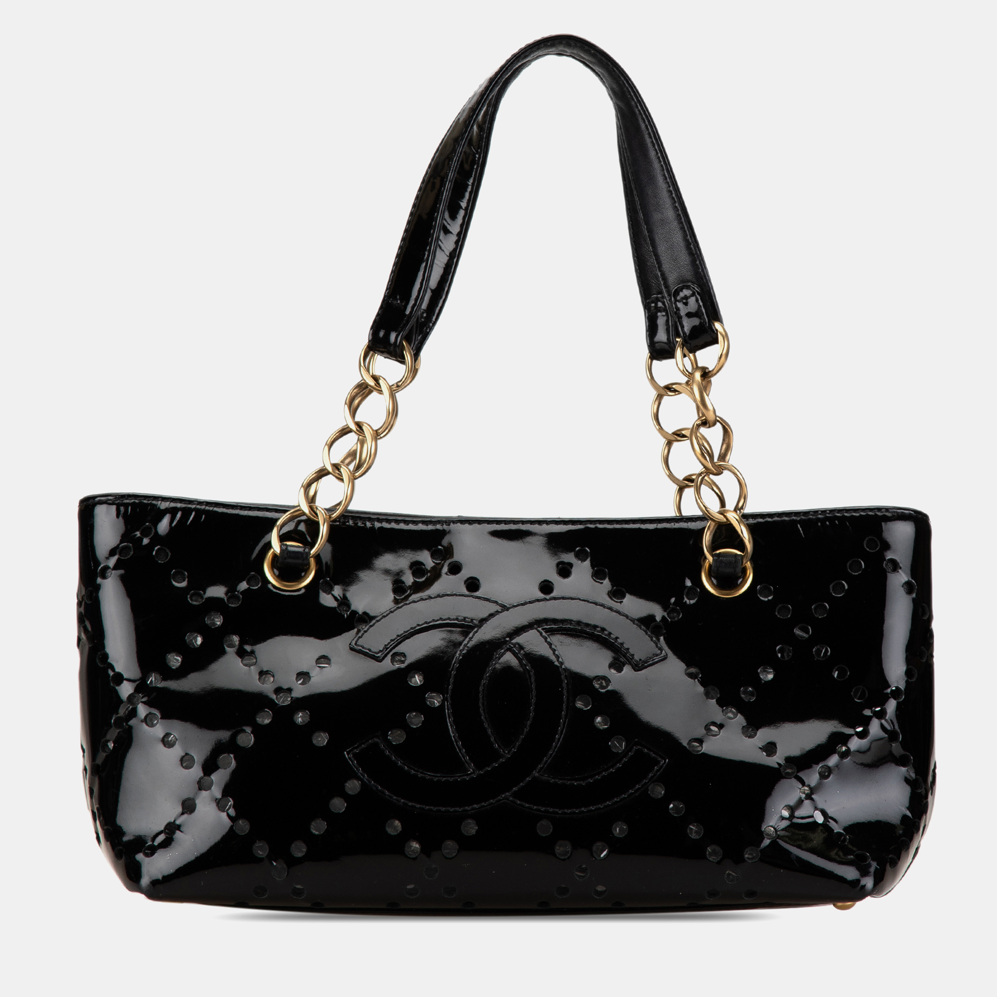 

Chanel Small CC Perforated Patent Handbag, Black