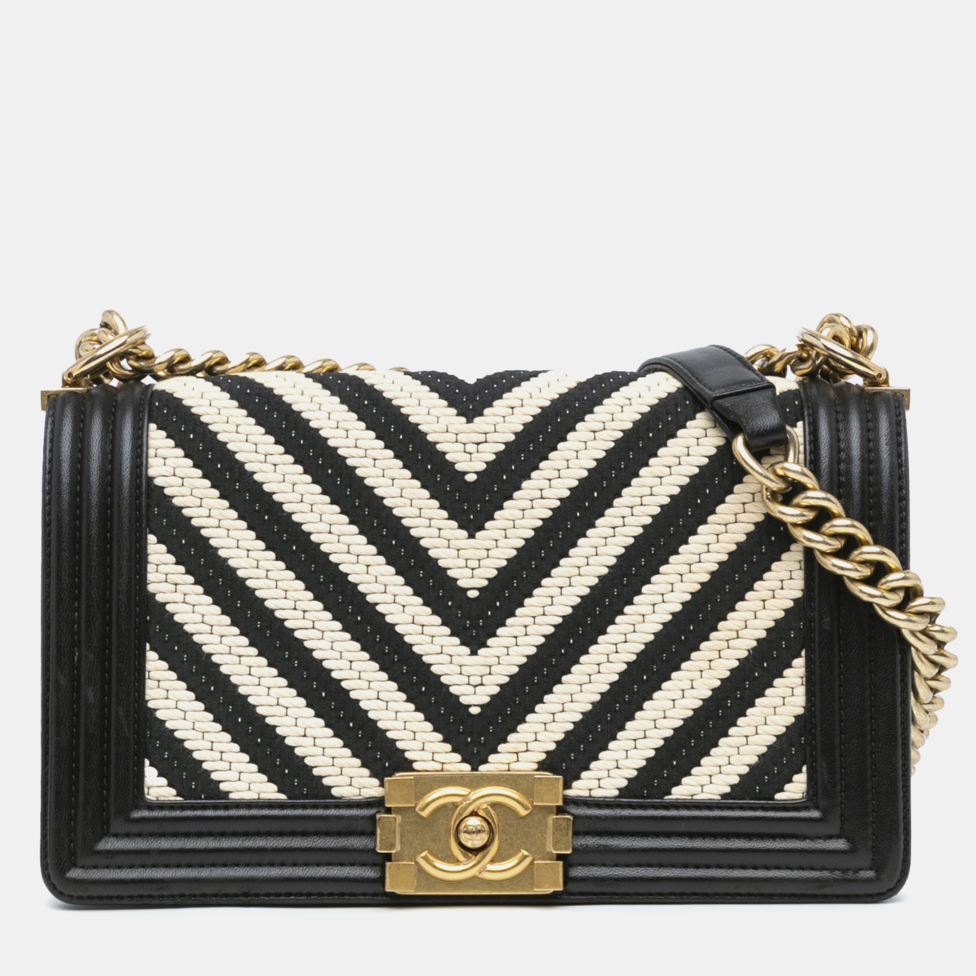 

Chanel Medium Braided Chevron Cotton and Lambskin Boy Flap, Black