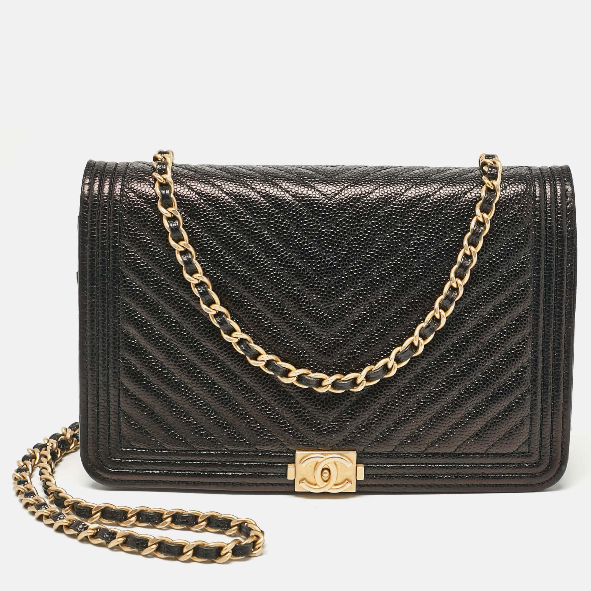 

Chanel Black Chevron Caviar Leather Boy Wallet On Chain