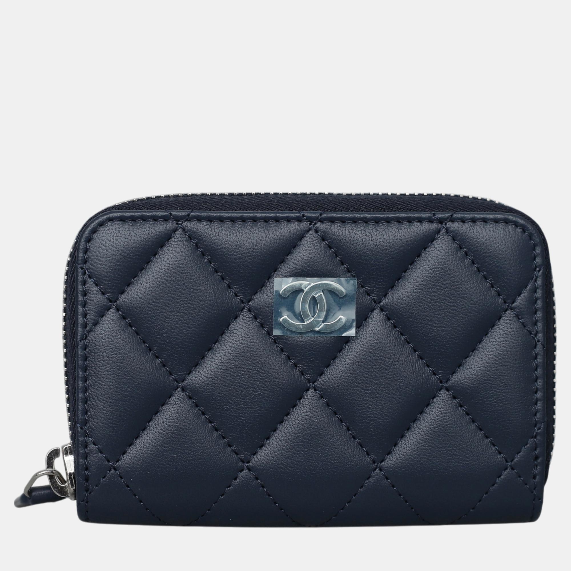 

Chanel Quilted Lambskin Zipped Around Card Wallet, Blue