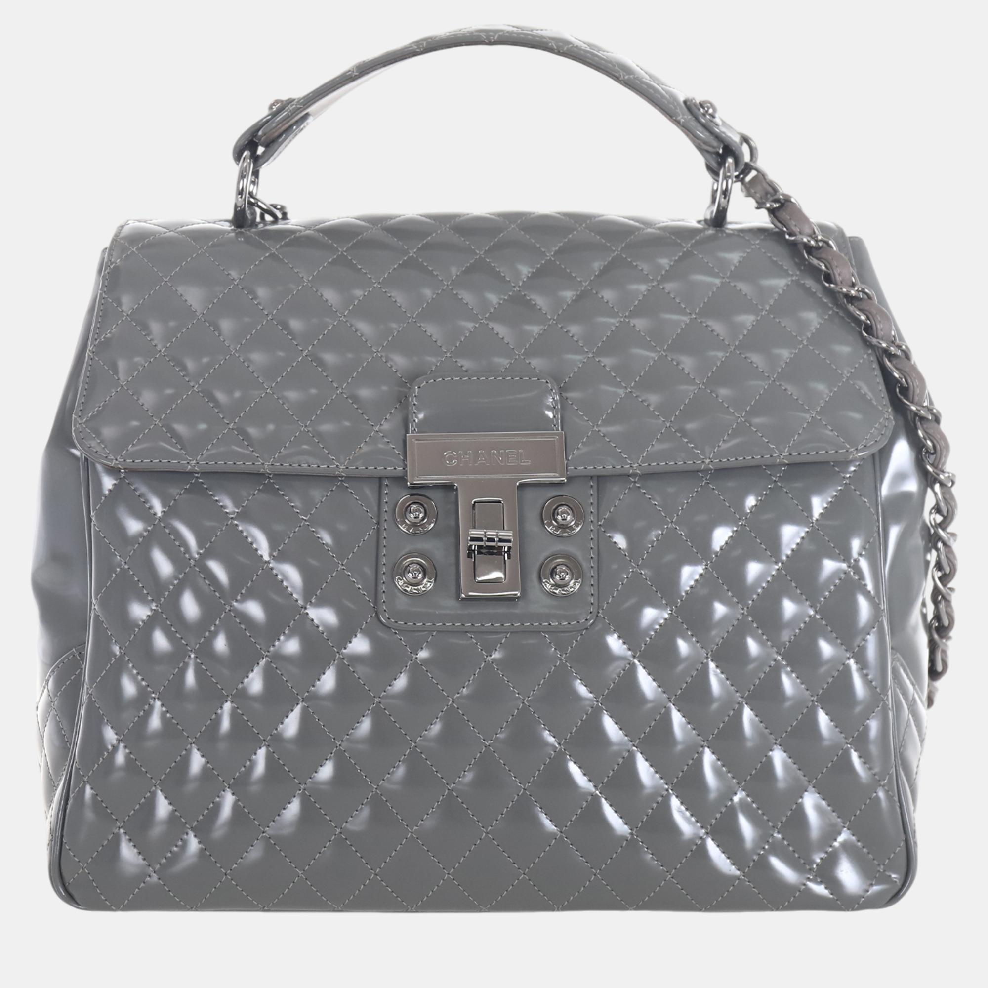 

Chanel Grey Patent Leather Top Handle Bag