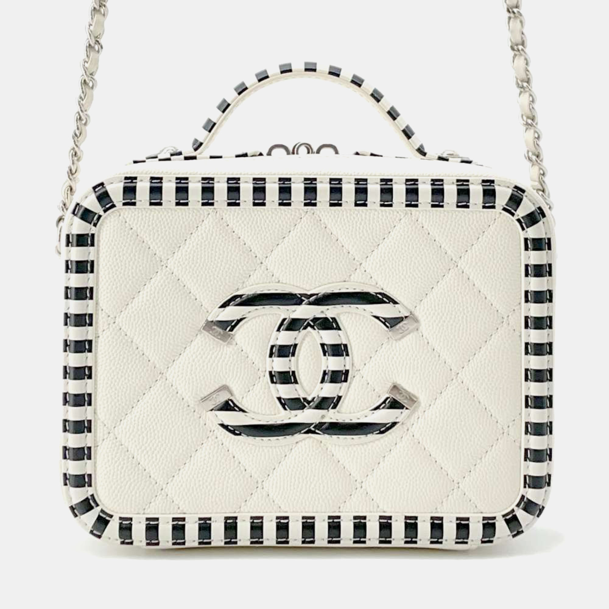 

Chanel White/Black Caviar Leather CC Fidigree Chain Vanity Bag Size Small