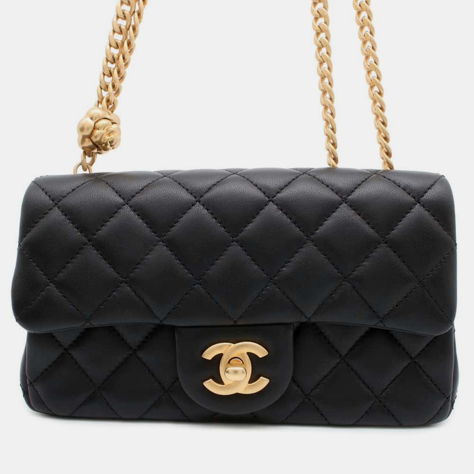 

Chanel Black Lambskin Mini Matelasse Camellia Chain Shoulder Bag Size